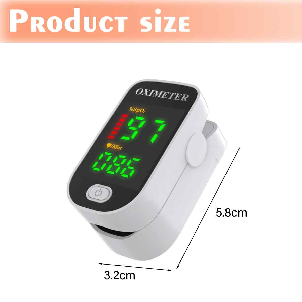 Ein weißes Oximeter zeigt '97' und '86' in grünen Ziffern an. Die Produktgröße beträgt 3,2 cm x 5,8 cm. Es befindet sich auf weißem Hintergrund.
