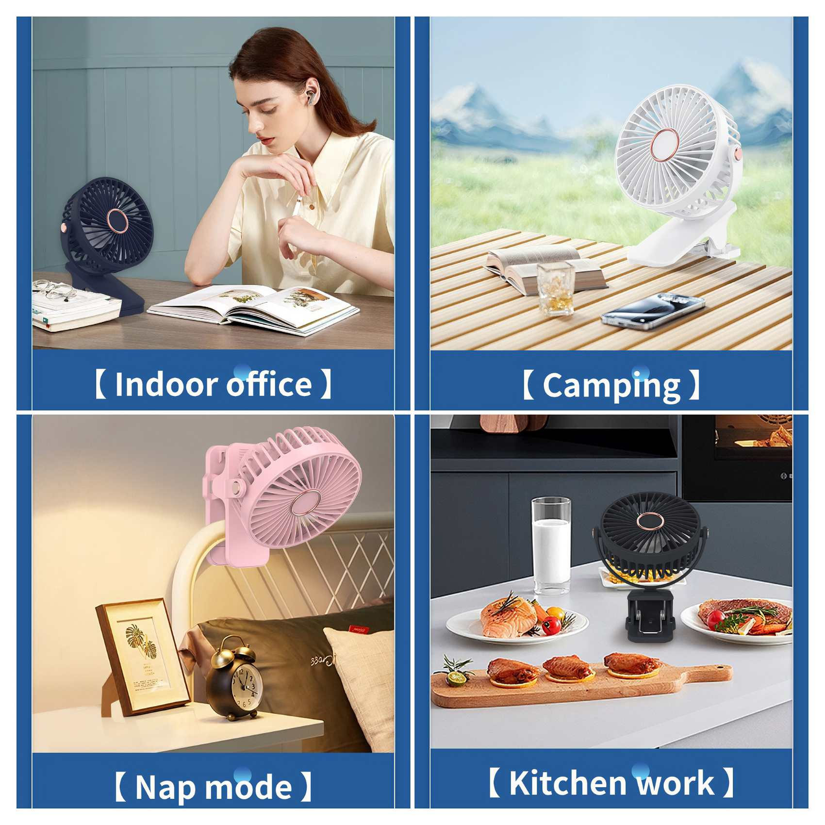 Vier Szenen: Büro mit Frau und Ventilator, Camping mit Ventilator, rosa Ventilator im Schlafzimmer und Küche mit Ventilator und Essen.