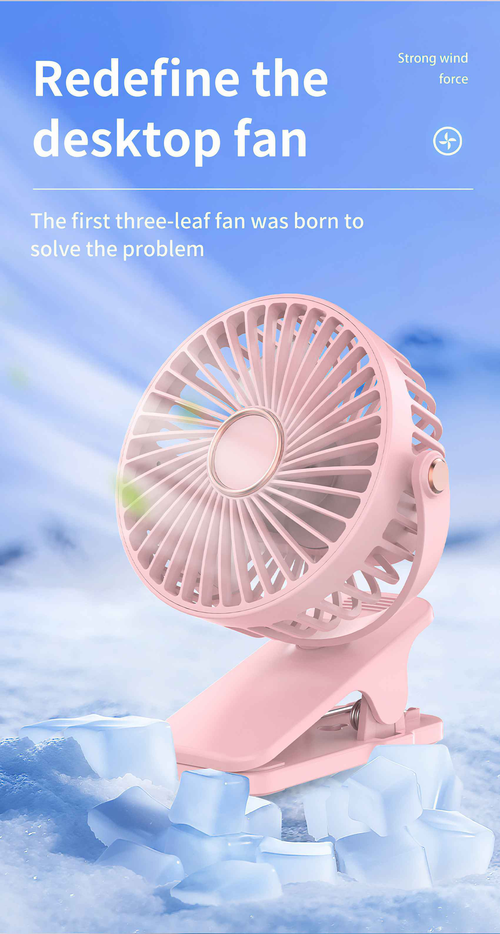 Ein rosa Tischventilator mit Clip liegt auf Eiswürfeln. Text oben: 'Definieren Sie den Desktop-Lüfter neu'.