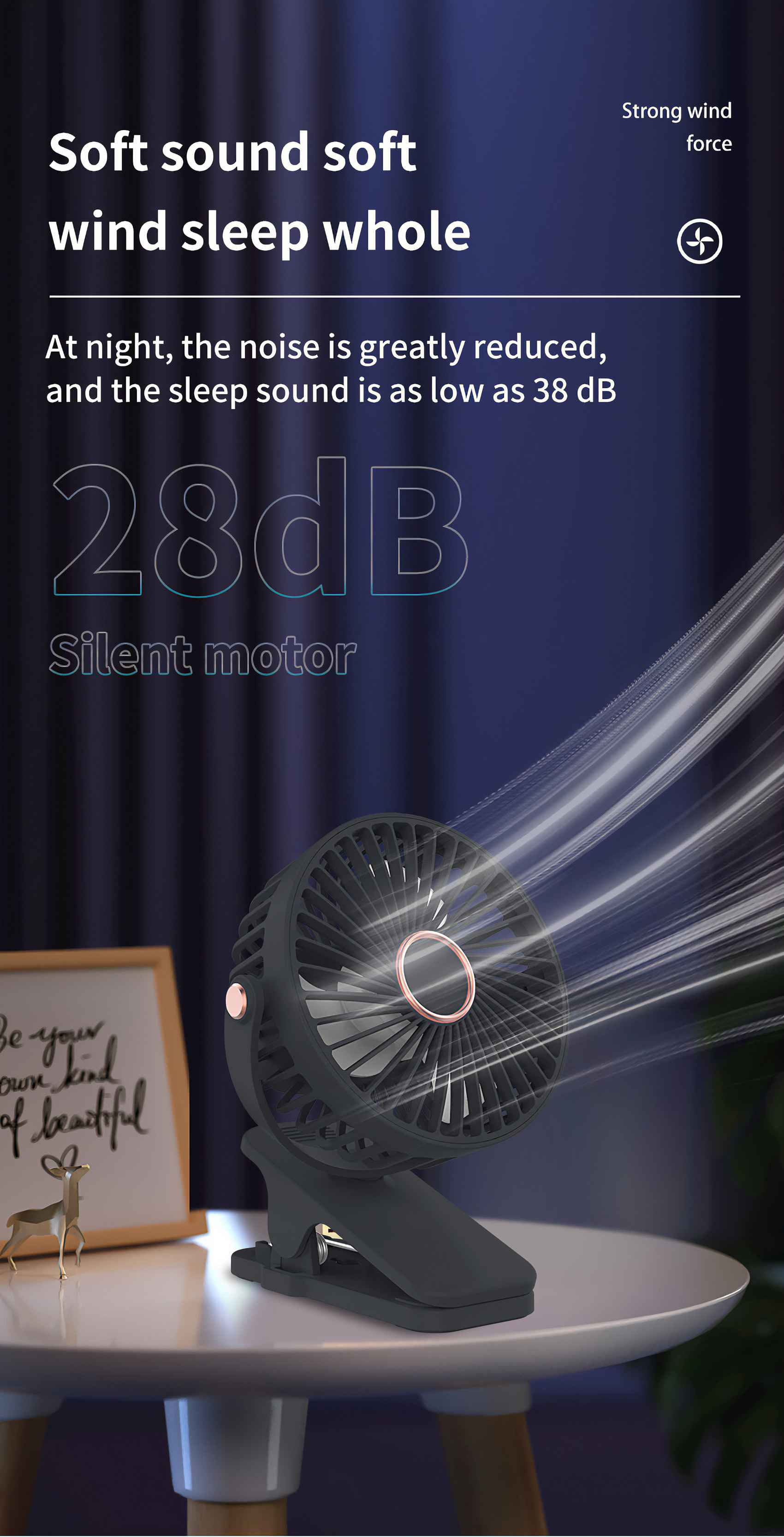 Ein schwarzer Ventilator steht auf einem weißen Tisch. Text lautet: 'Soft sound soft wind sleep whole'. Der Hintergrund ist dunkelblau.