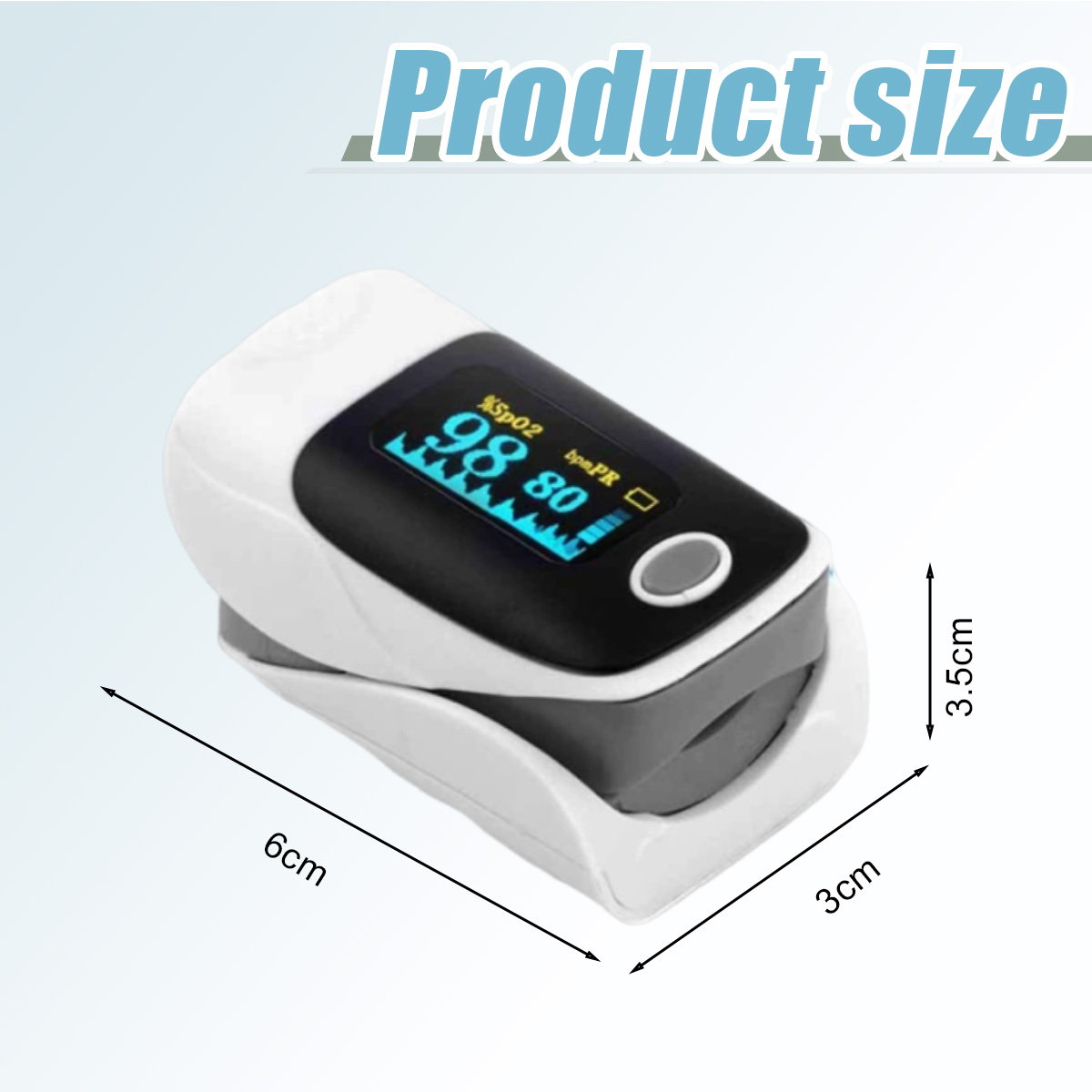 Ein weißes und schwarzes Pulsoximeter zeigt SpO2 und bpm an, mit den Maßen: 6 cm, 3 cm und 3,5 cm. Der Text 'Produktgröße' steht darüber.