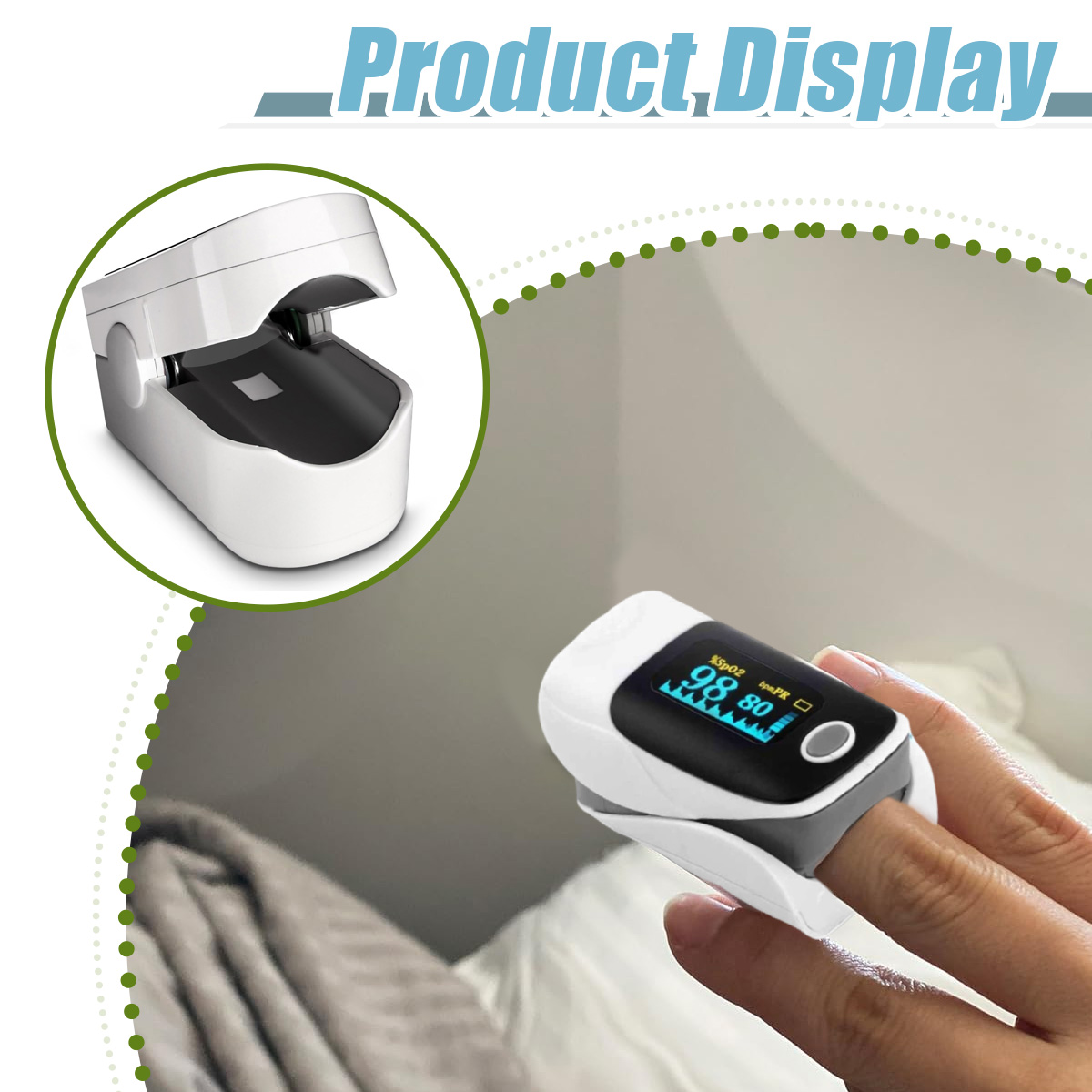 Finger-Pulsoximeter zeigt SpO2 98% und Puls 80 bpm an. Ein Gerät befindet sich an einem Finger, mit einem abgenommenen Gerät links.