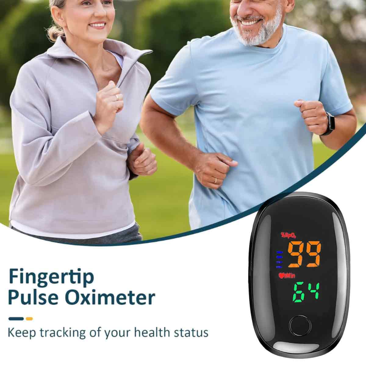 Zwei Personen joggen, ein Pulsoximeter zeigt Messwerte. Text: Fingertip Pulse Oximeter, Behalten Sie Ihren Gesundheitszustand im Auge.