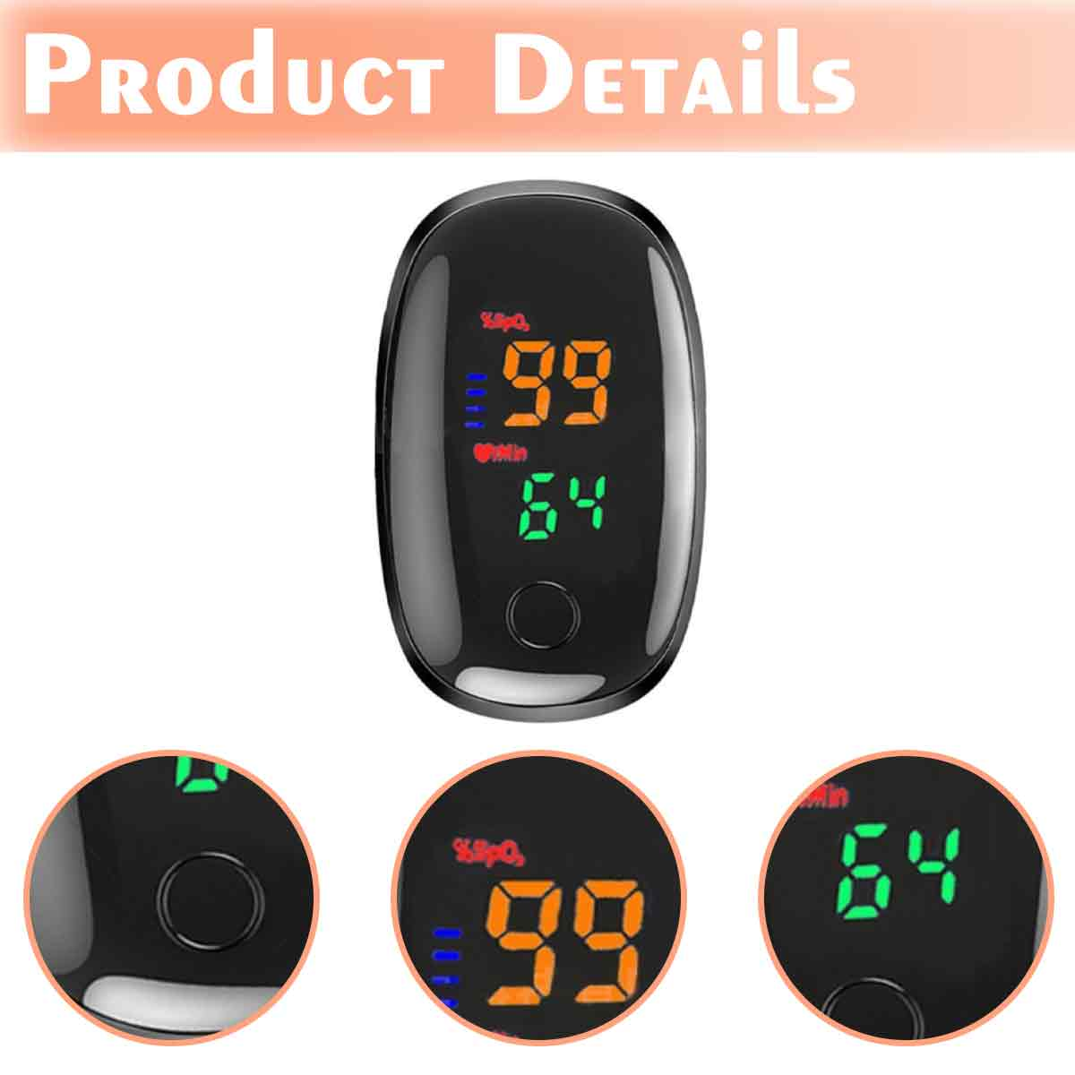 Ein schwarzes Pulsoximeter zeigt Messwerte an: 99 % SpO2 und 64 bpm. Drei Nahaufnahmen zeigen Details der Anzeige des Oximeters.