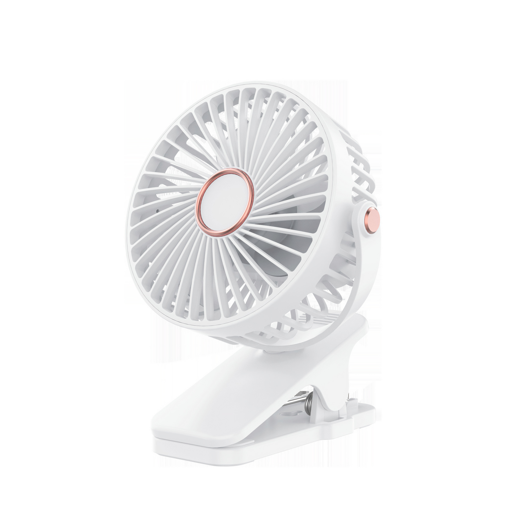 Weißer Clip-On-Ventilator mit roségoldenen Akzenten. Er hat einen kreisförmigen Ventilatorkopf und einen Clip-Fuß.