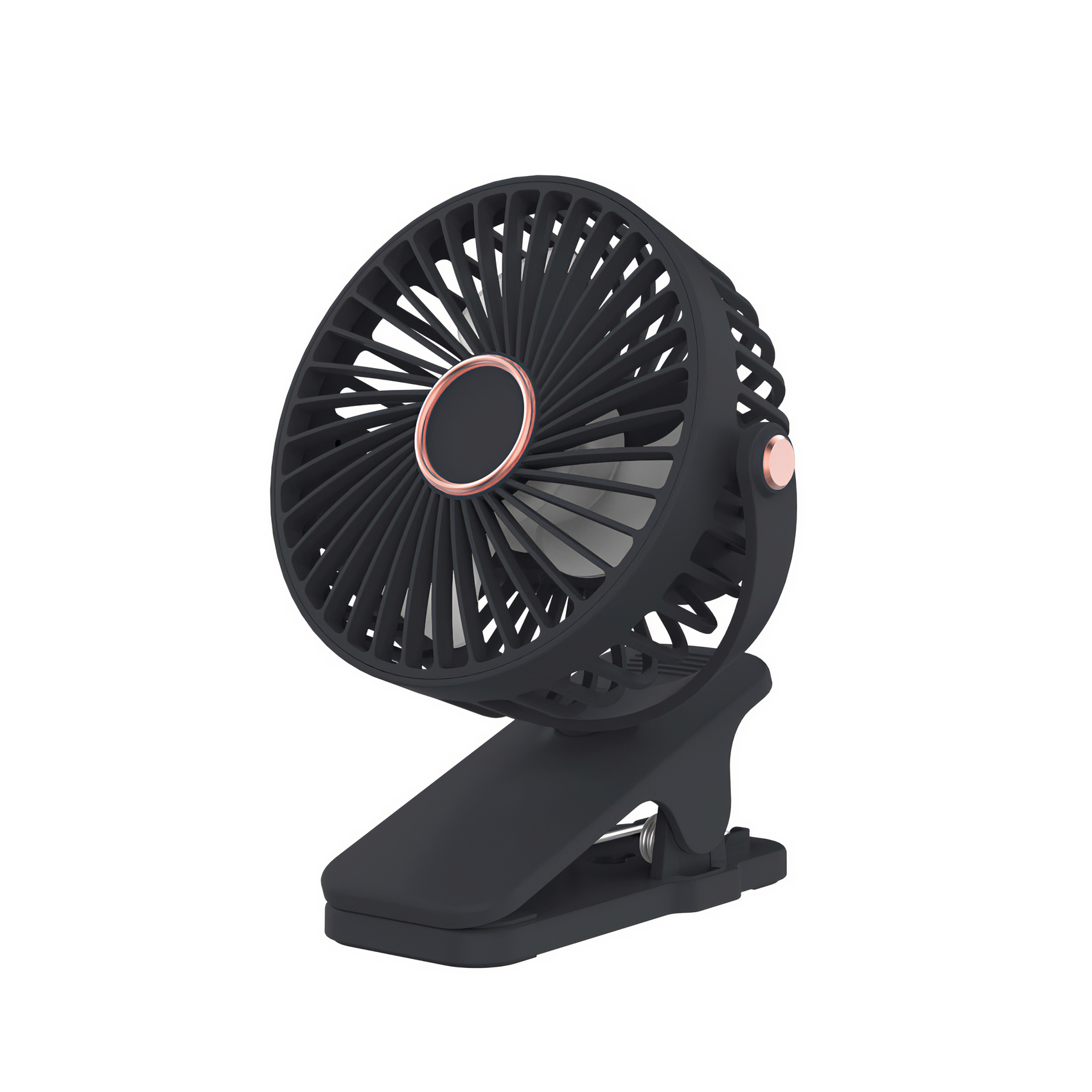 Ein schwarzer Clip-on-Ventilator mit roségoldfarbenen Akzenten auf weißem Hintergrund. Der Ventilator ist rund mit Flügeln und einem Clip.