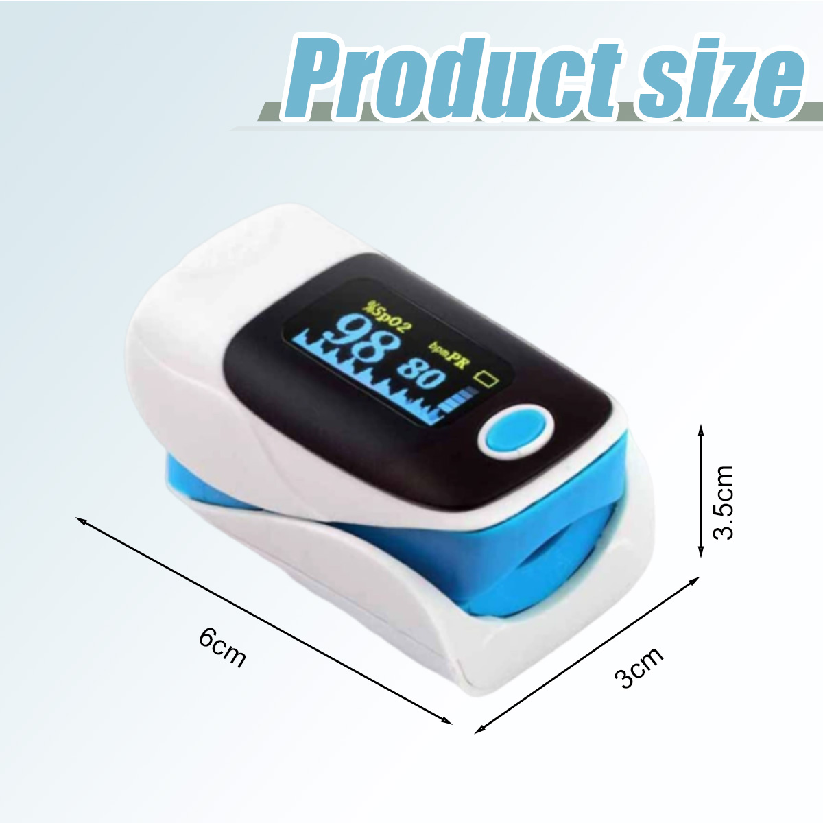 Ein Pulsoximeter mit Anzeige. Es ist weiß und blau, mit Abmessungen von 6cm x 3cm x 3,5cm. Der Text "Produktgröße" ist vorhanden.