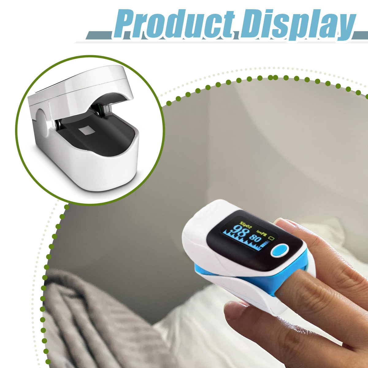 Ein Finger-Pulsoximeter zeigt SpO2 98 % und Pulsfrequenz 80 an. Nahaufnahme einer Hand mit dem Gerät am Finger.