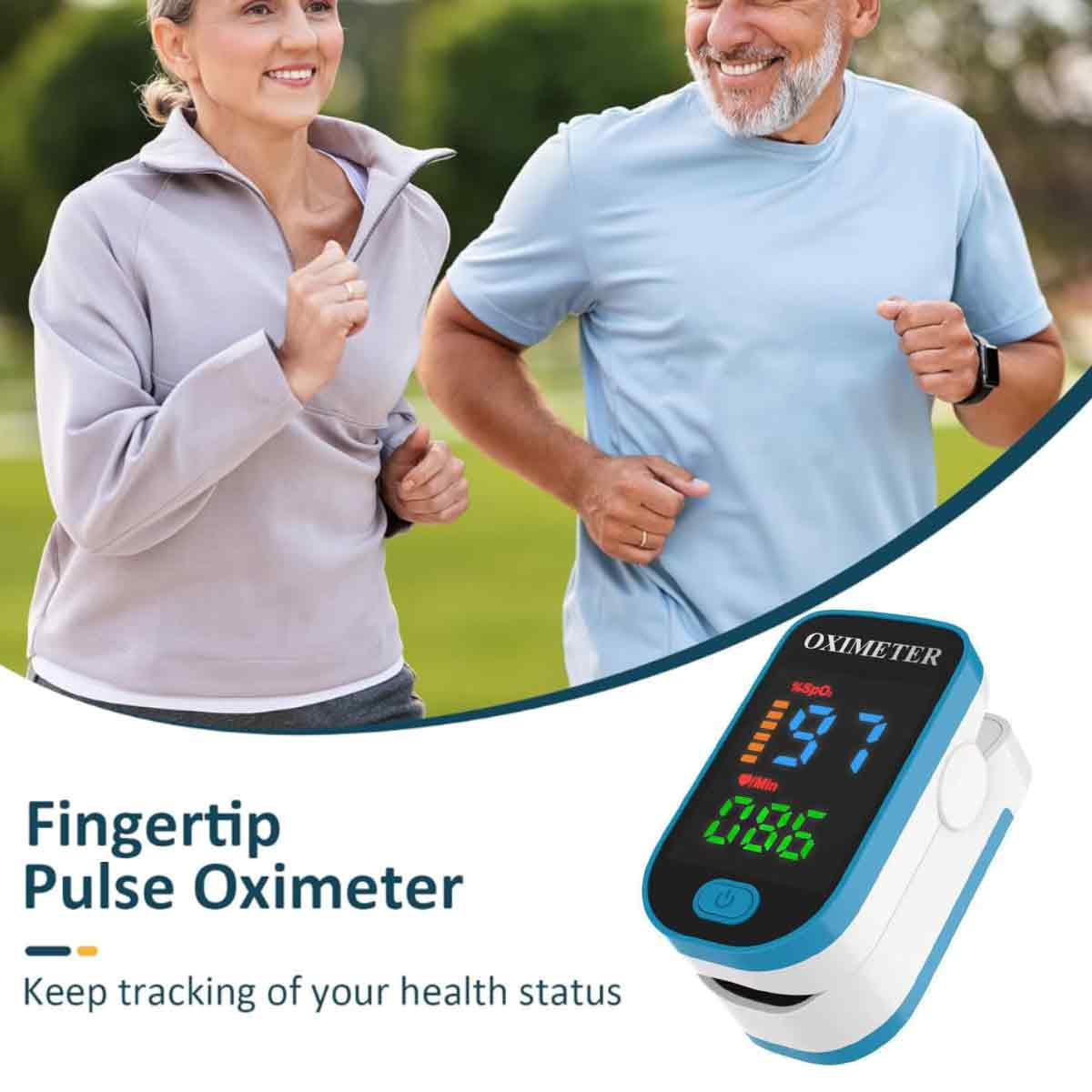 Zwei joggende Personen, ein Oximeter zeigt Messwerte an. Text: Fingertip-Pulsoximeter, Behalten Sie Ihren Gesundheitszustand im Blick.