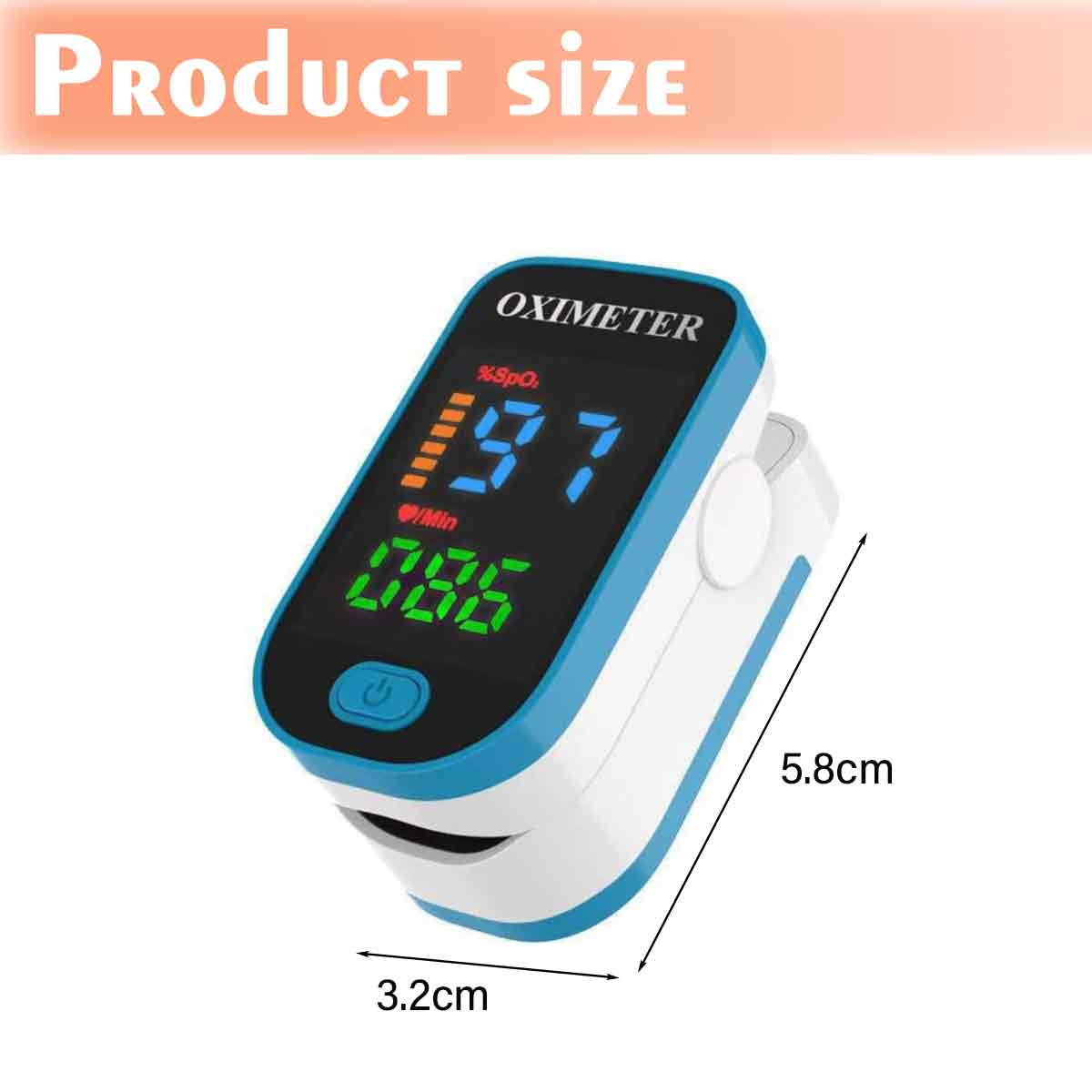 Ein Oximeter zeigt SpO2 97% und Puls 86 an. Es hat ein blaues und weißes Design mit Produktdetails: 3,2 cm und 5,8 cm.