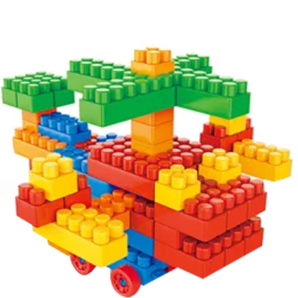Una costruzione colorata fatta di blocchi giocattolo ad incastro. Presenta vari colori tra cui rosso, giallo, verde, blu e arancione.