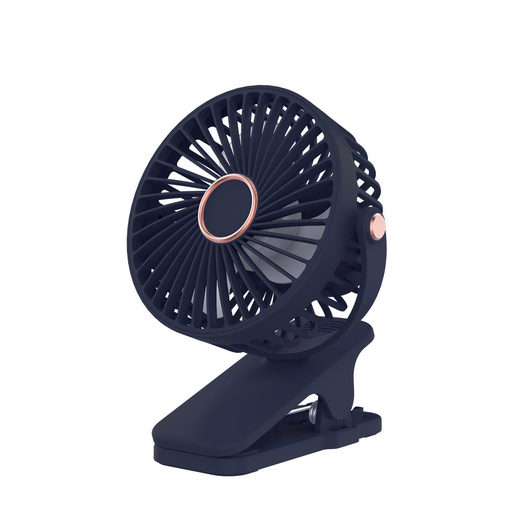 Ein dunkelblauer tragbarer Ventilator mit roségoldenen Akzenten. Er hat einen Clipfuß und einen kreisförmigen Fankopf.