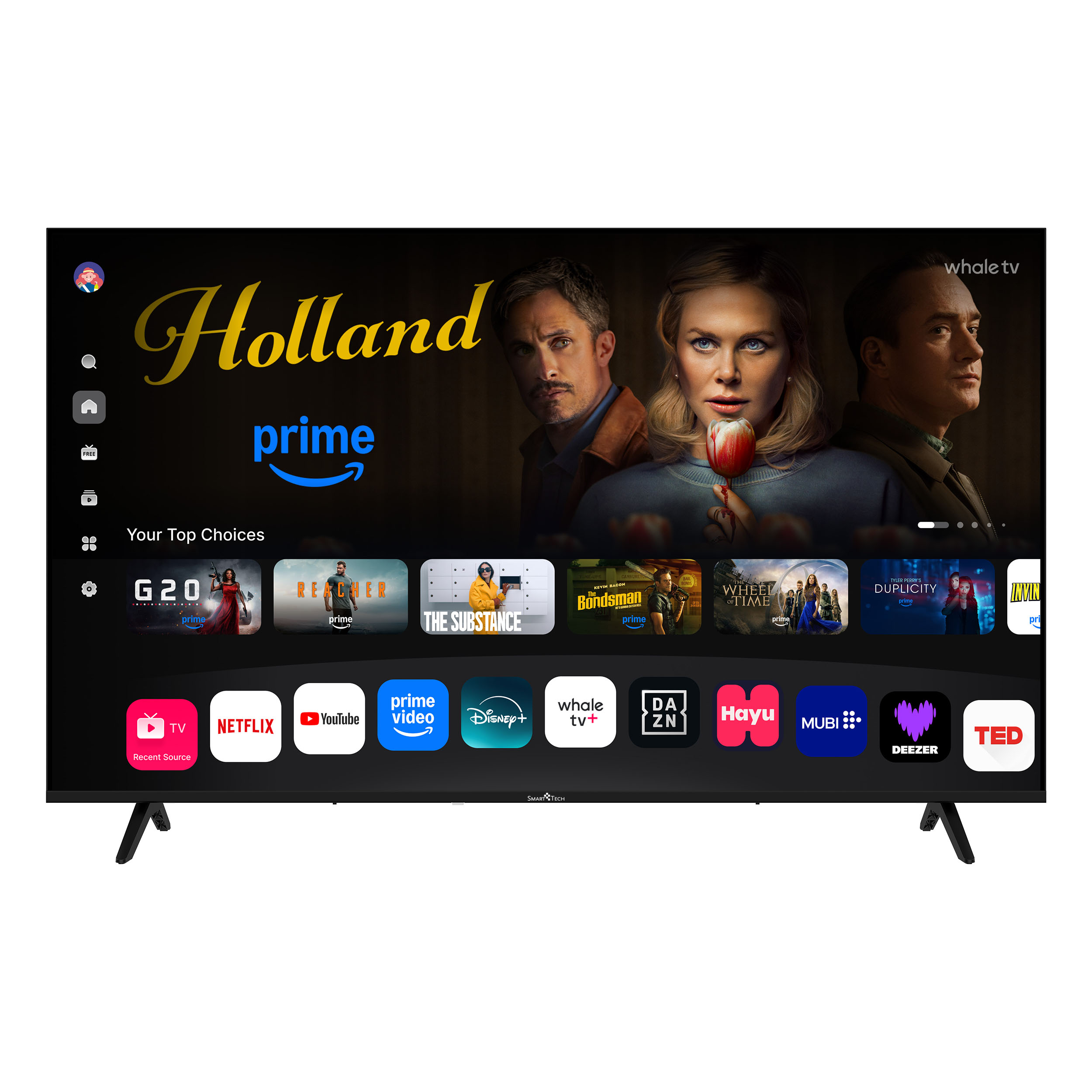 Ein Fernsehbildschirm zeigt einen Film mit Schauspielern. Darunter befinden sich App-Symbole für Streaming-Dienste.