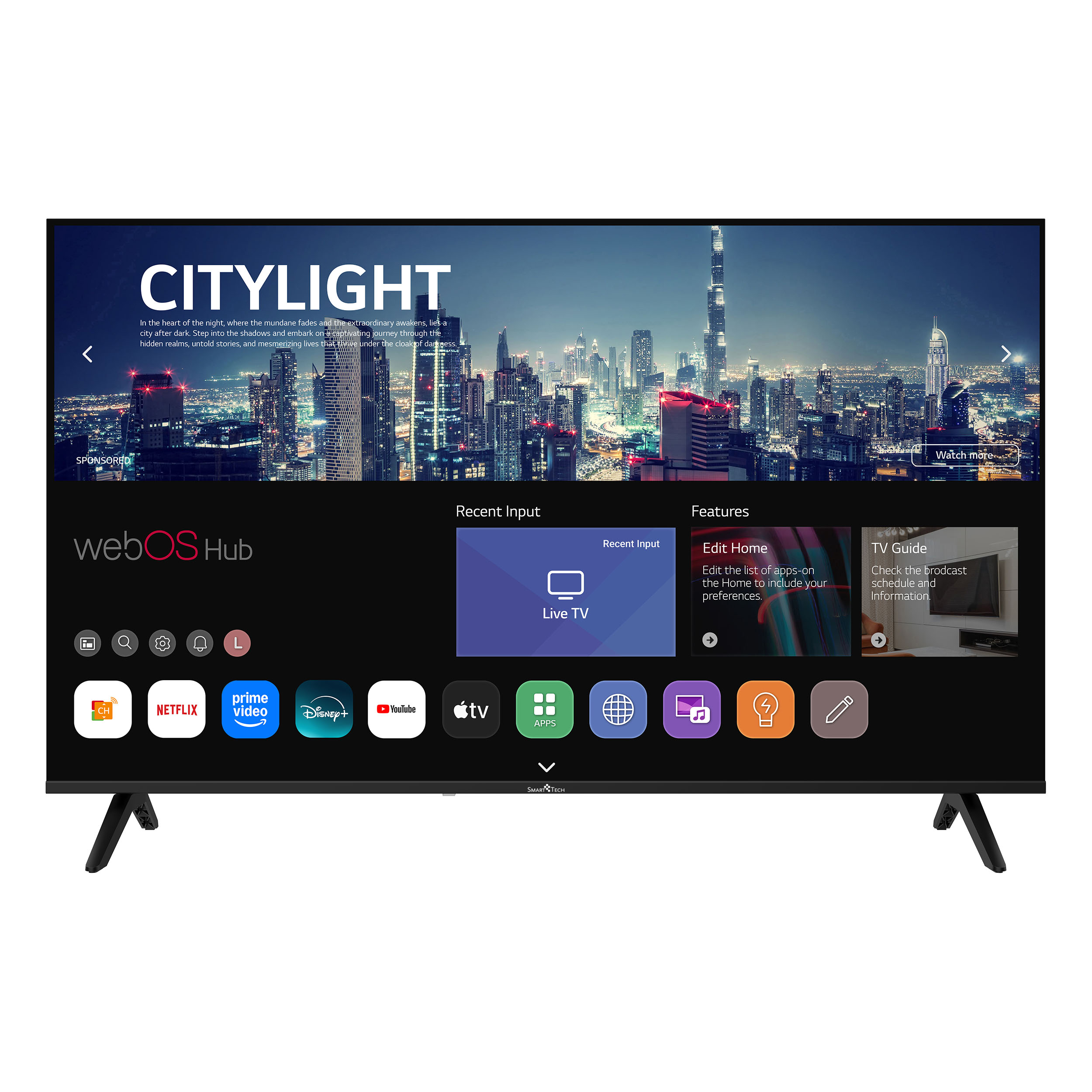 Un televisore a schermo piatto mostra un'immagine del paesaggio urbano. La TV ha app, tra cui Netflix e YouTube. Lo schermo è su un supporto.