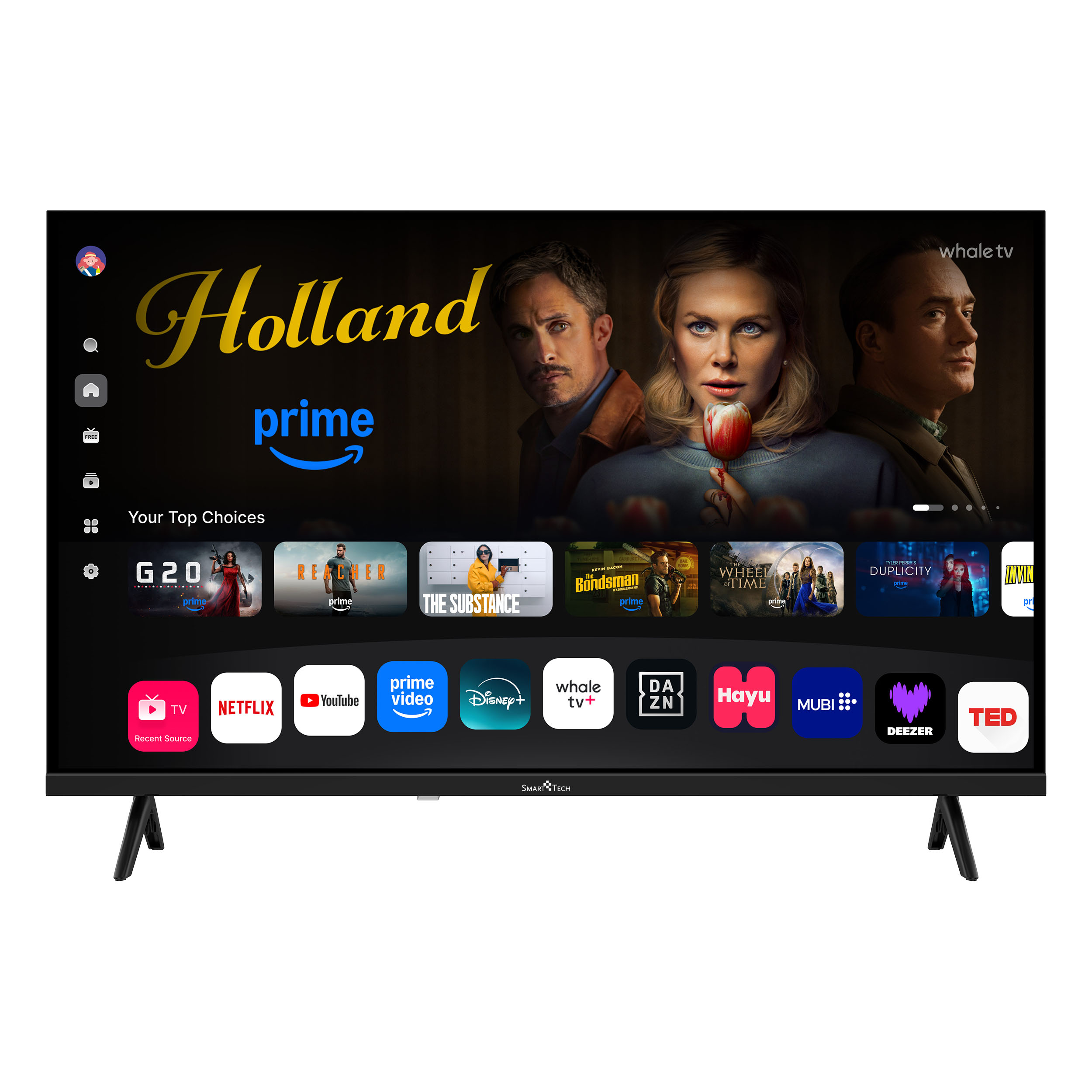 Un televisor de pantalla plana muestra aplicaciones de streaming. La pantalla muestra películas y aplicaciones como Netflix y YouTube. El televisor es negro.