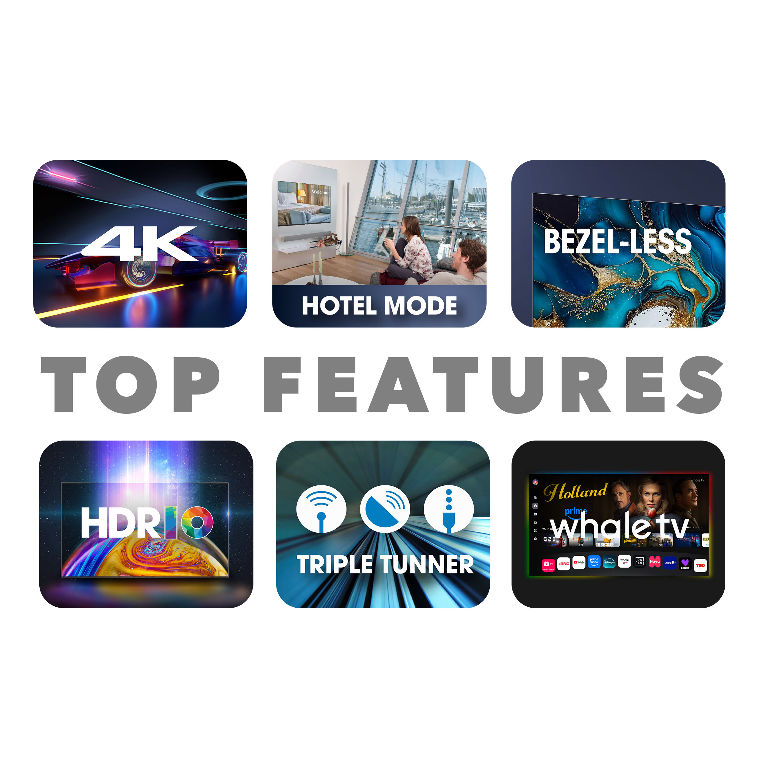 Das Bild zeigt TV-Funktionen: 4K-Auflösung, Hotelmodus, rahmenloses Design, HDR, Triple Tuner und Whale TV-Oberfläche.