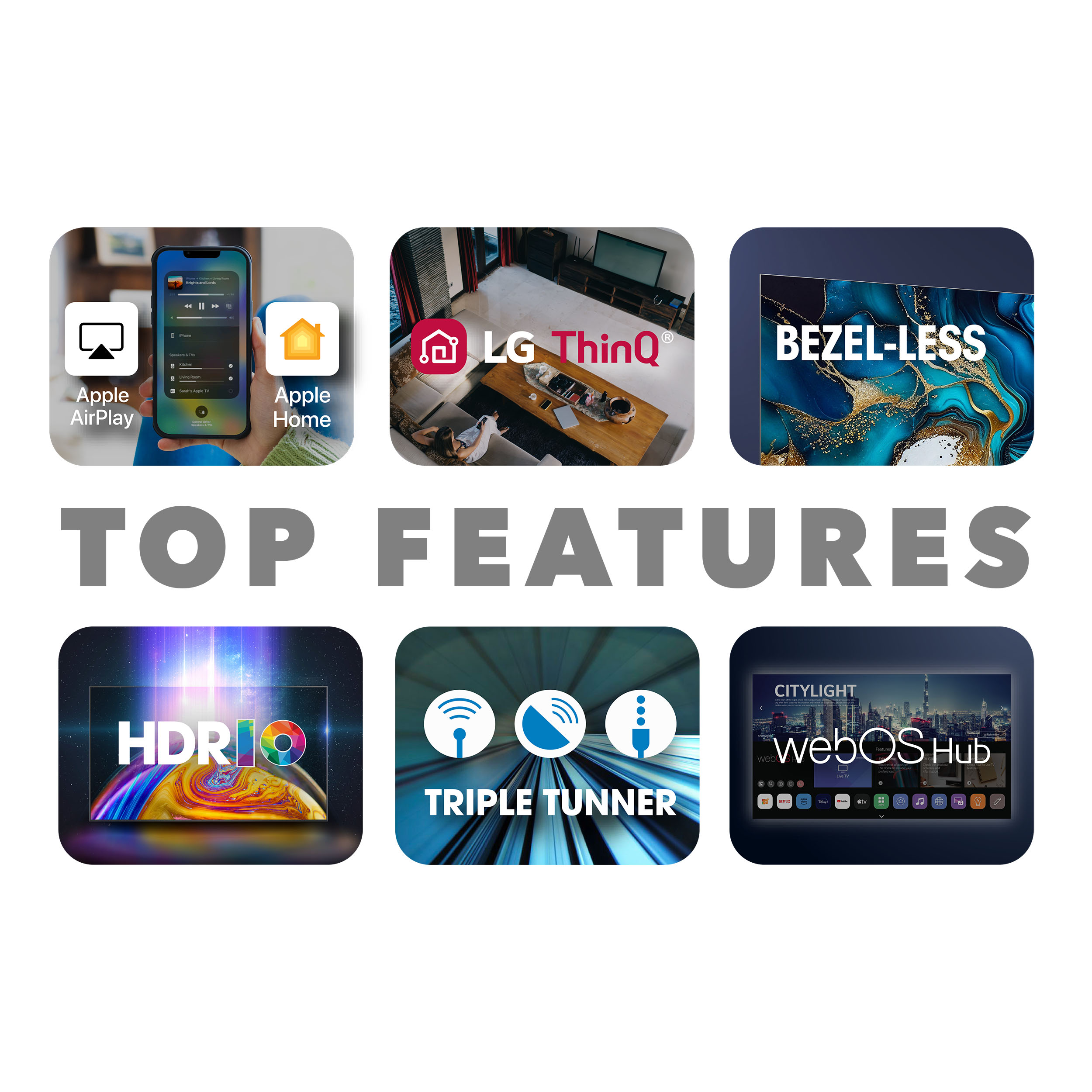 L'immagine mostra le funzionalità: Apple AirPlay e Home, LG ThinQ, Bezel-less, HDR10, Triple Tunner, webOS Hub.