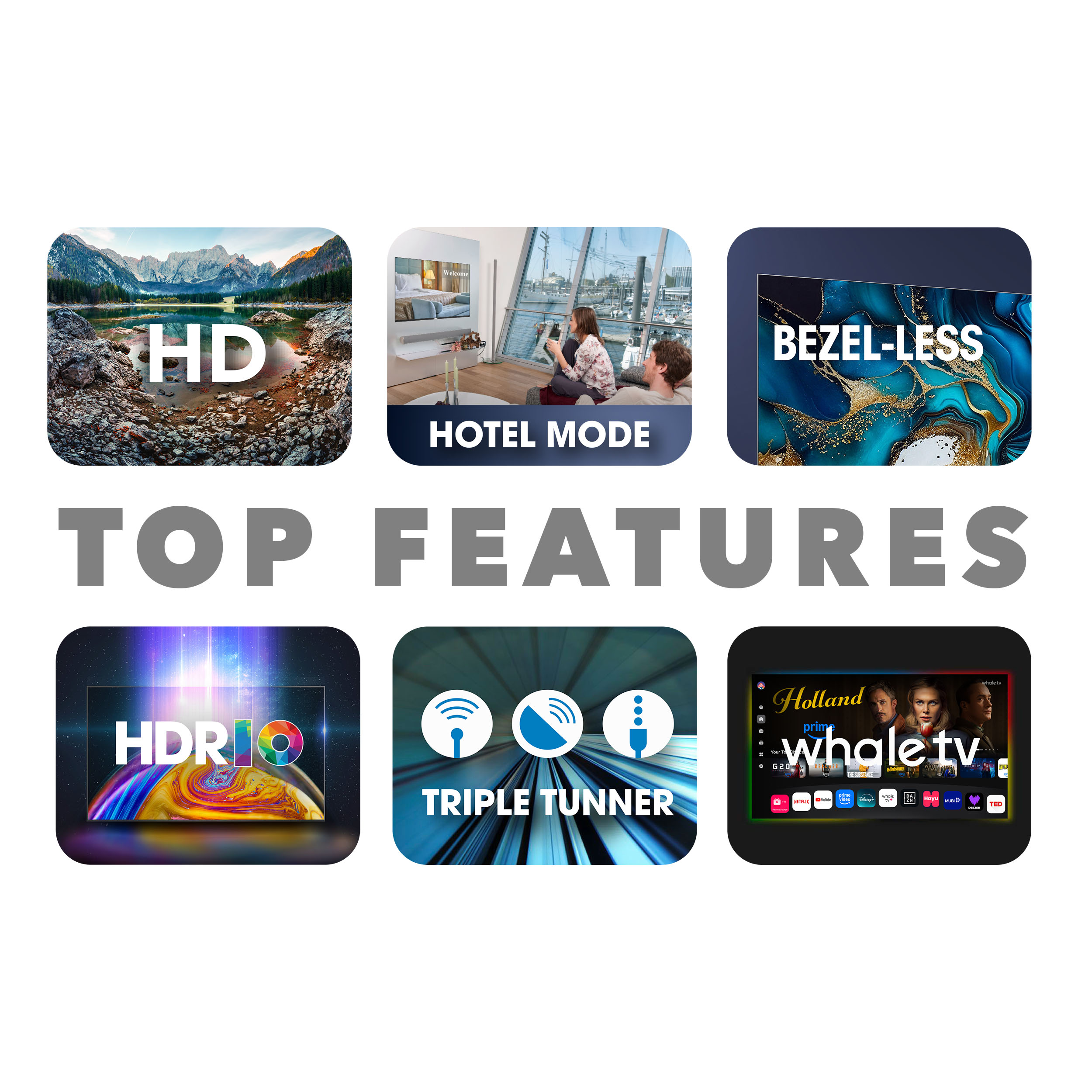 La imagen muestra seis iconos con texto: HD, Modo hotel, Sin bisel, HDRio, Sintonizador triple y Whale TV.