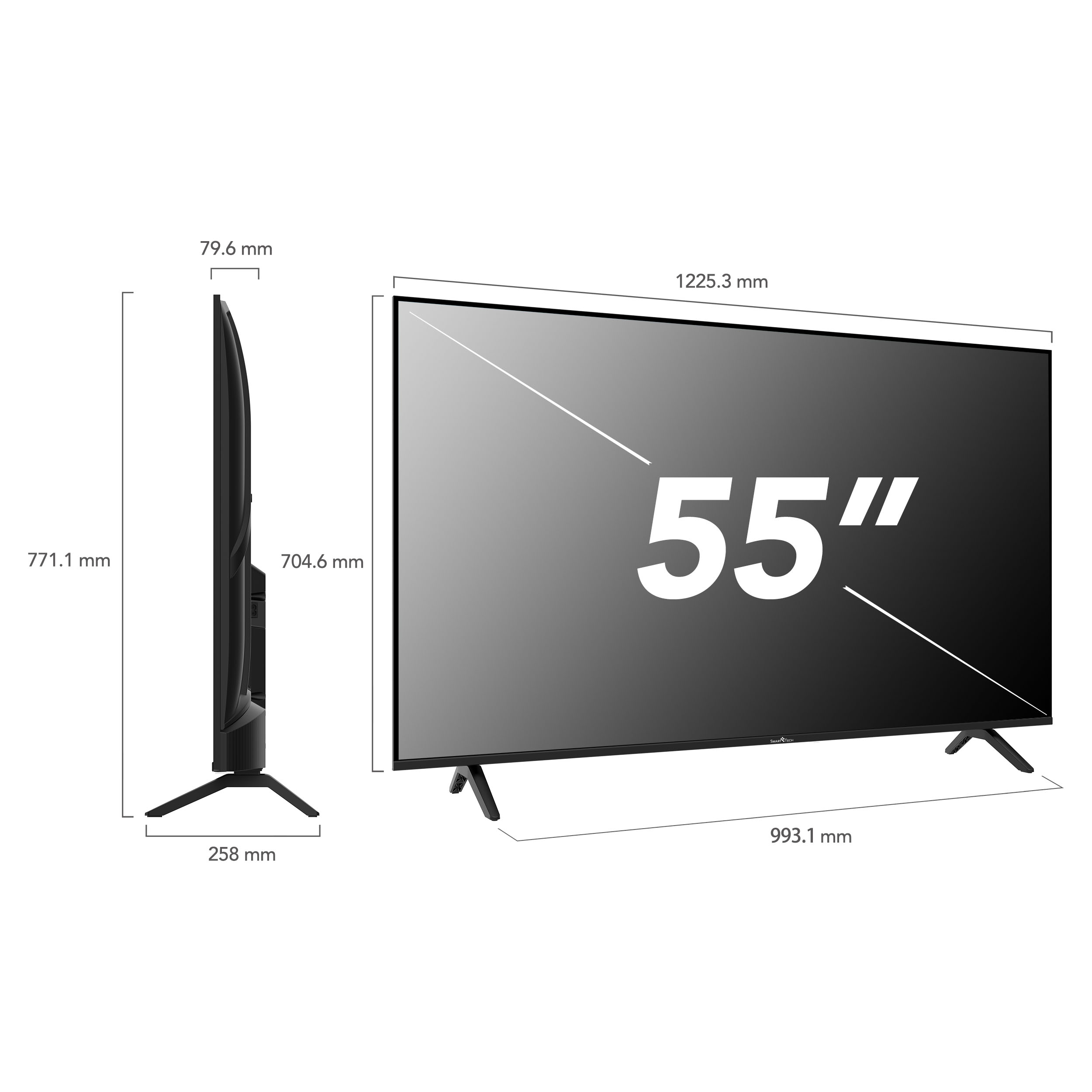Ein 55-Zoll-Smart-Tech-Fernseher von vorne und von der Seite gezeigt. Abmessungen sind angegeben. Der Fernseher hat einen schwarzen Rahmen und Ständer.