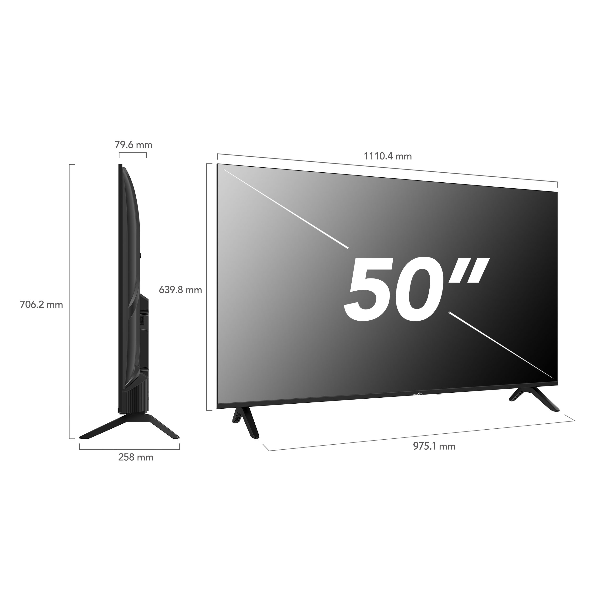 Un televisore SmartTech da 50 pollici viene mostrato con le dimensioni. Lo schermo mostra il numero 50. È nero e su sfondo bianco.