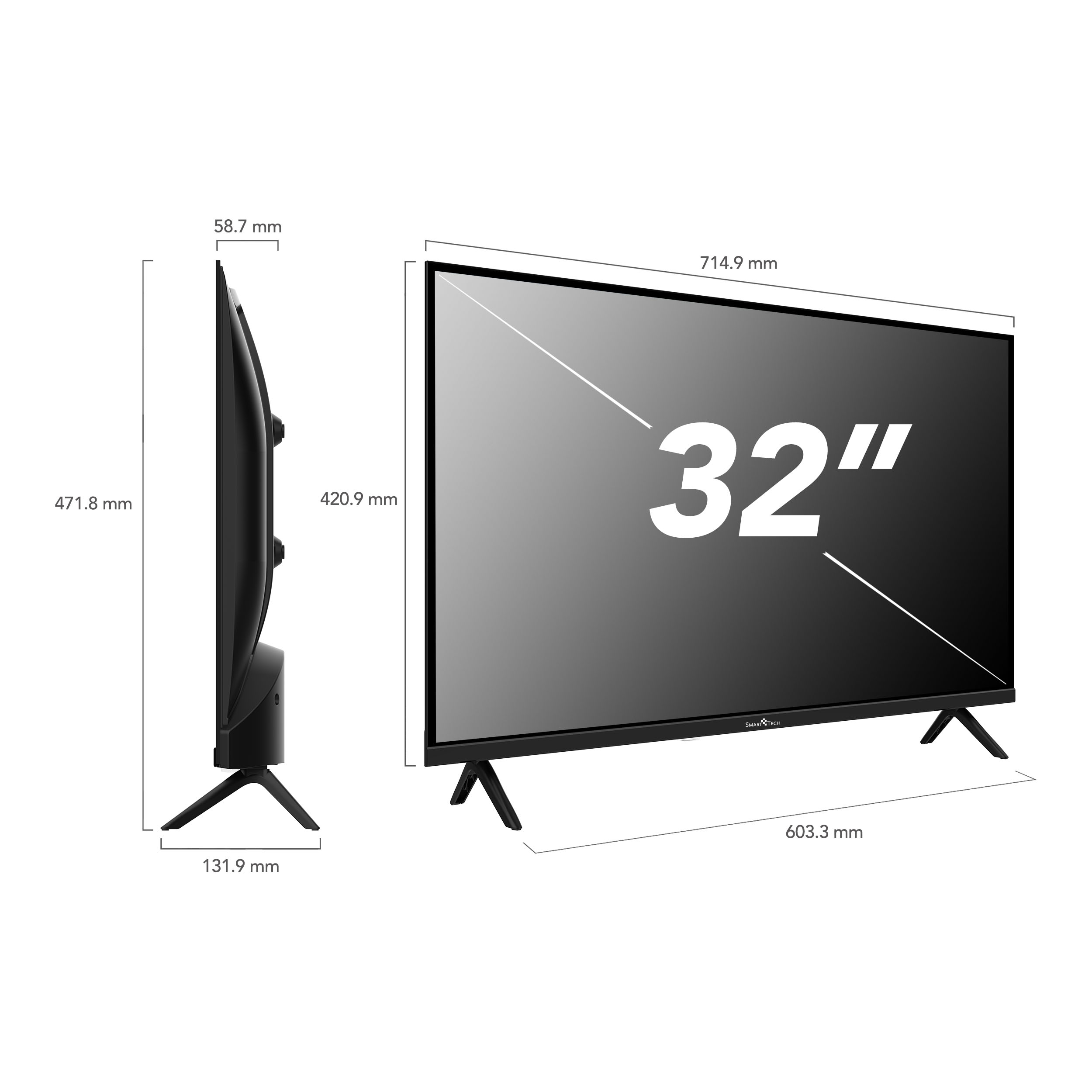 Un televisor Smart Tech negro de 32 pulgadas. Se muestran dimensiones y medidas.