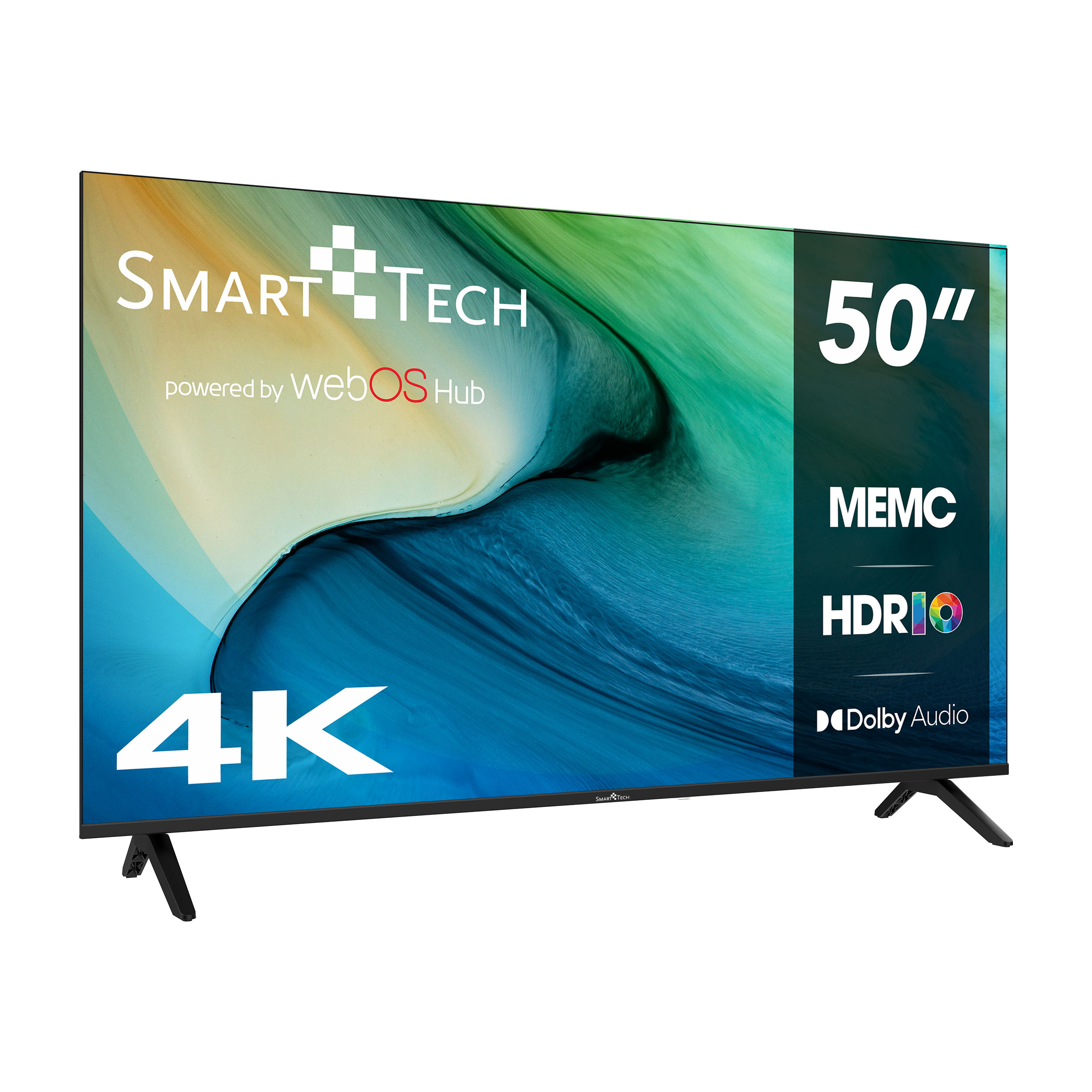 Un televisore Smart Tech 4K da 50 pollici. Ha una cornice nera, gambe nere e funzioni come HDR e Dolby Audio.