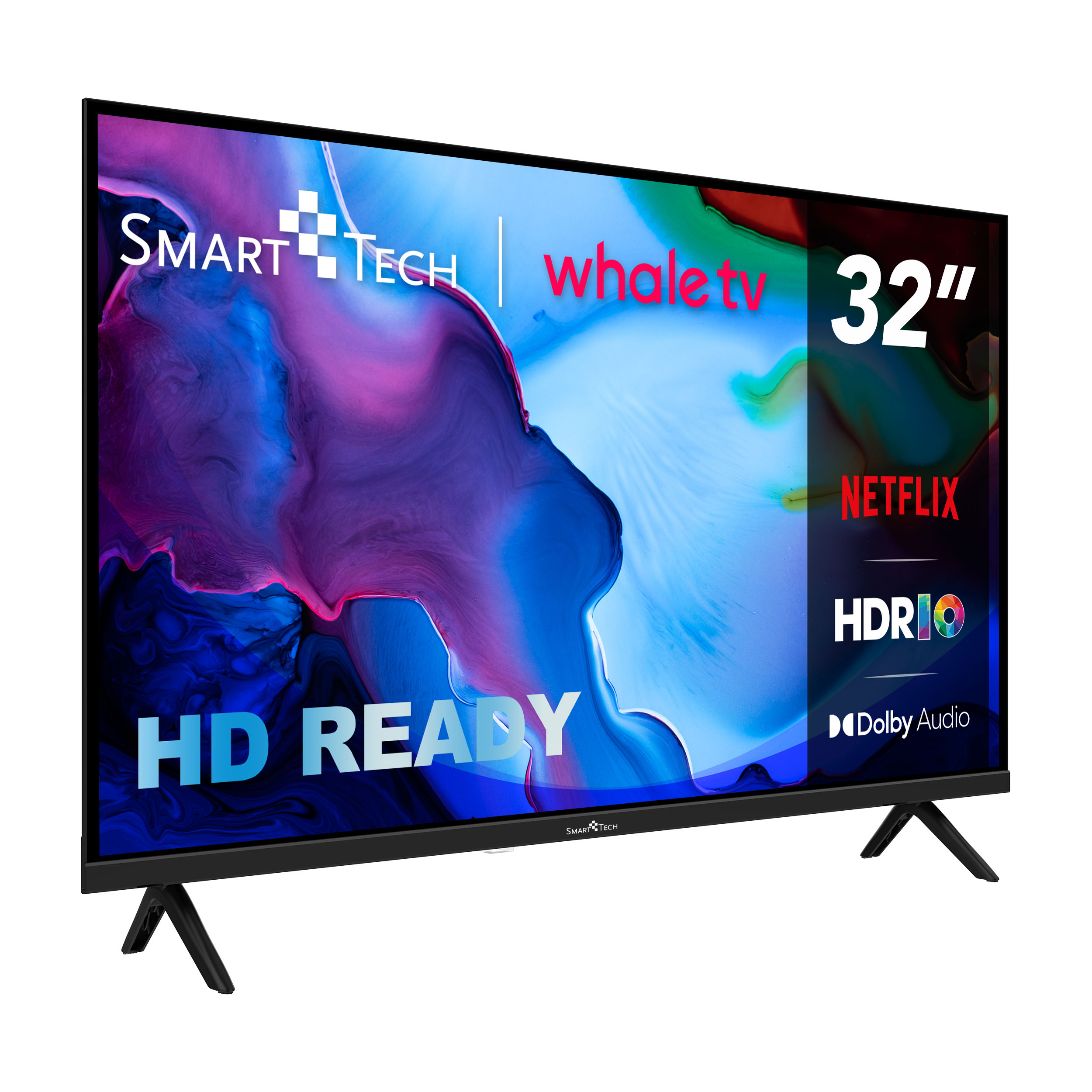 Un televisor Smart Tech de 32". Incluye Netflix, HDR y Dolby Audio. Tiene patas negras y una pantalla colorida.