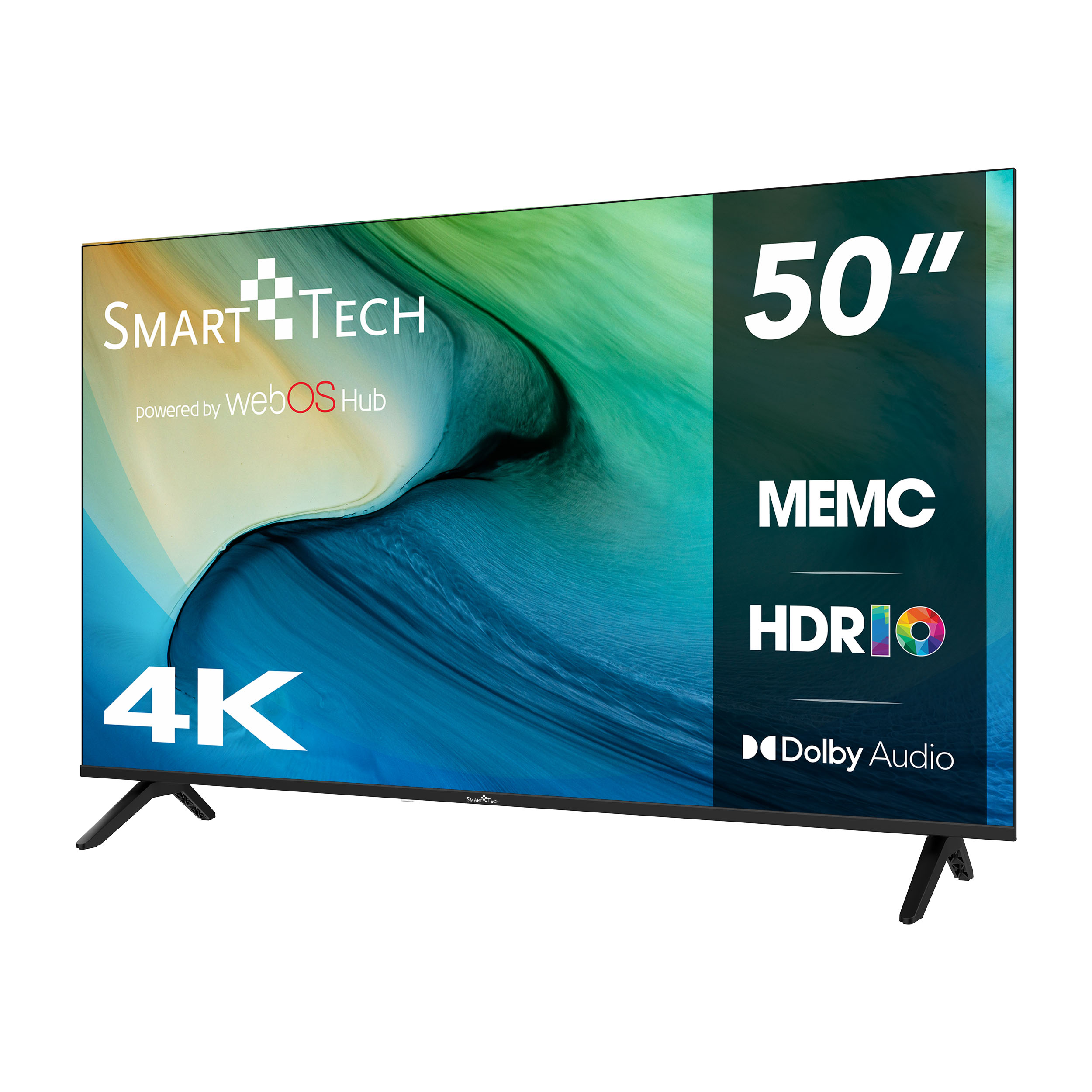 Un televisore Smart Tech 4K da 50 pollici. Include MEMC, HDR10 e Dolby Audio. Lo schermo mostra uno sfondo astratto colorato.