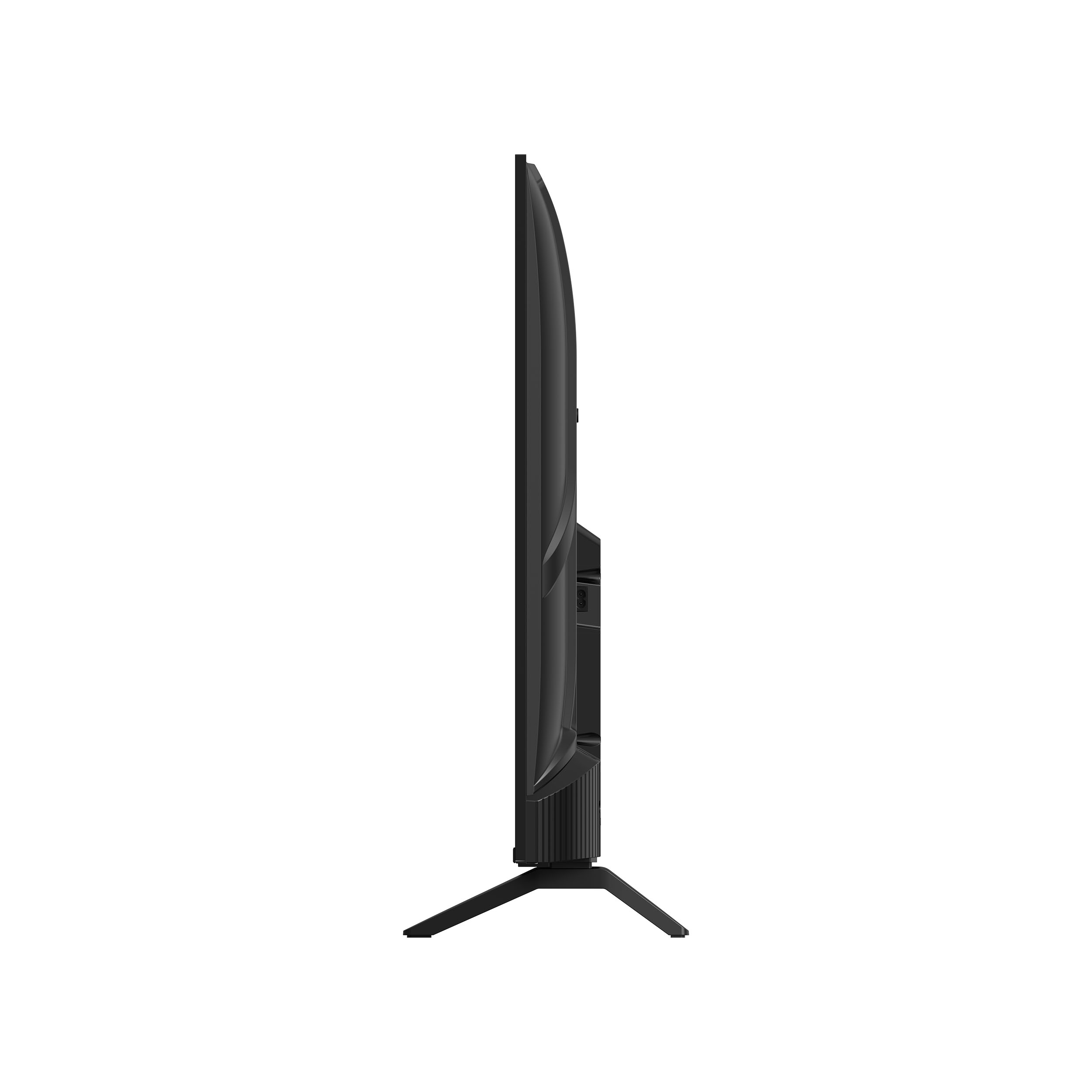Vista laterale di una TV nera su sfondo bianco. La TV ha un supporto ed è spenta.