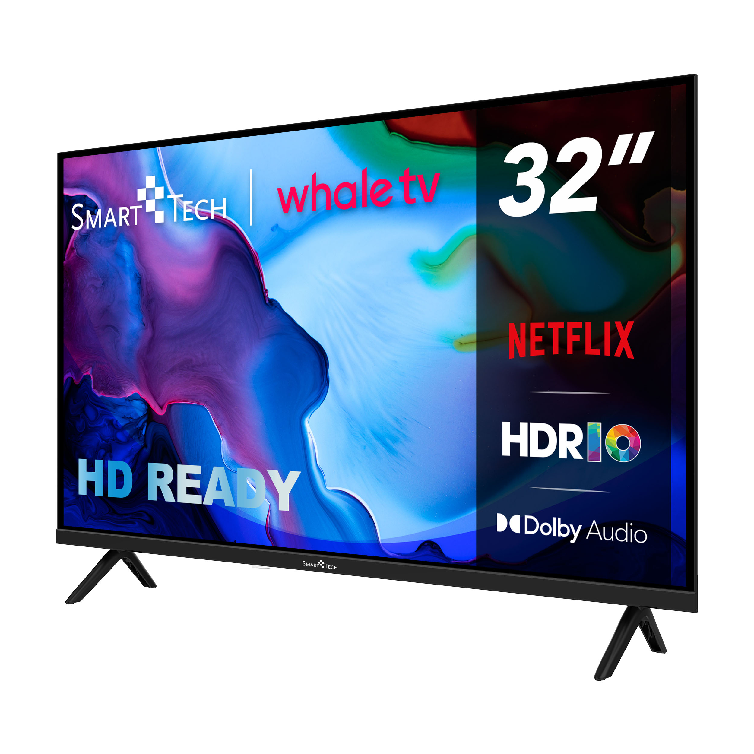 Un SmartTech TV de 32 pulgadas con marco negro. Incluye Netflix, HDR y Dolby Audio. Tiene patas negras.