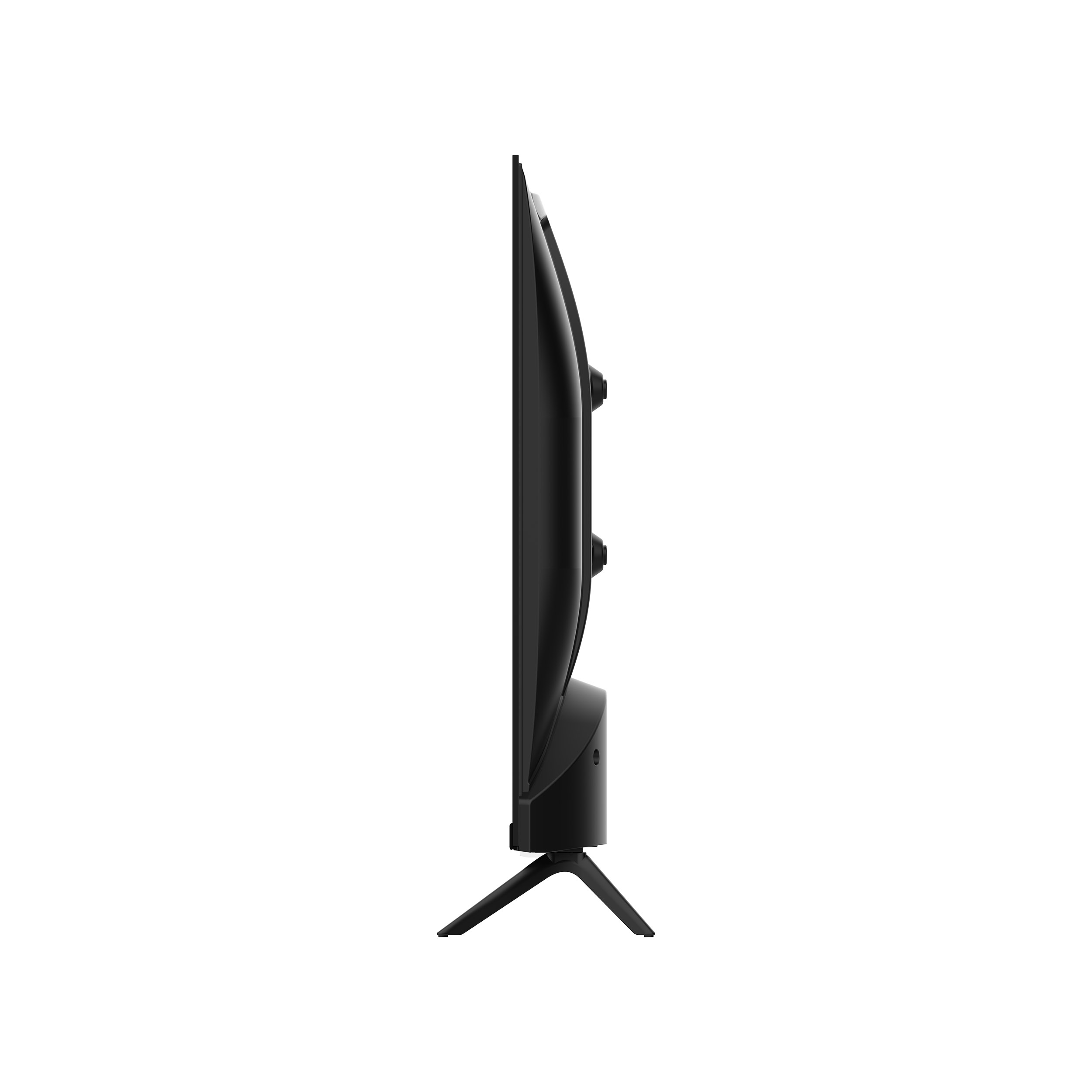 Un televisor negro, visto de lado, sobre fondo blanco. Tiene un soporte y está apagado.