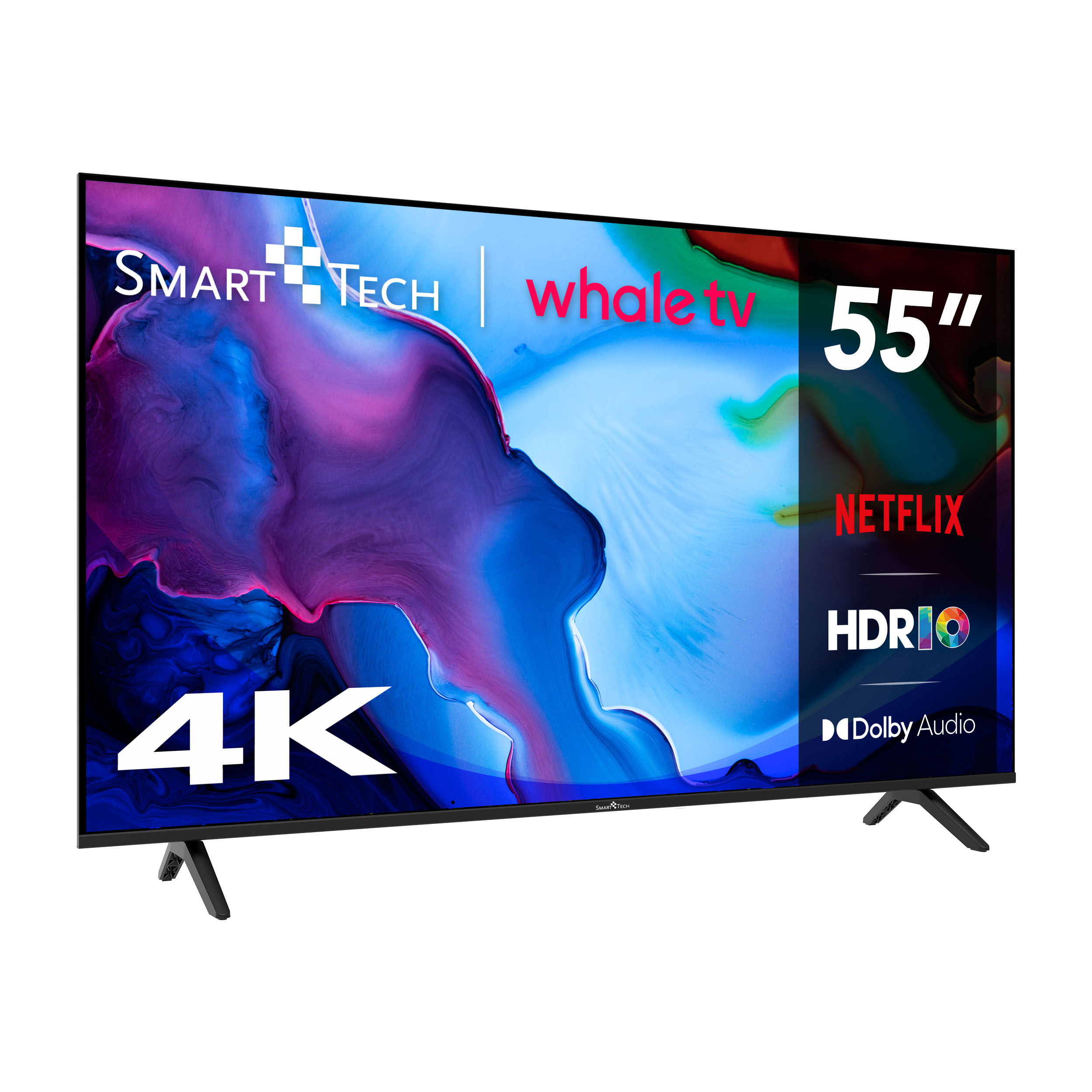 Ein 55-Zoll-Smart-Tech-Fernseher zeigt ein farbenfrohes, abstraktes Bild. Netflix-, HDR- und Dolby-Audio-Logos sind sichtbar.