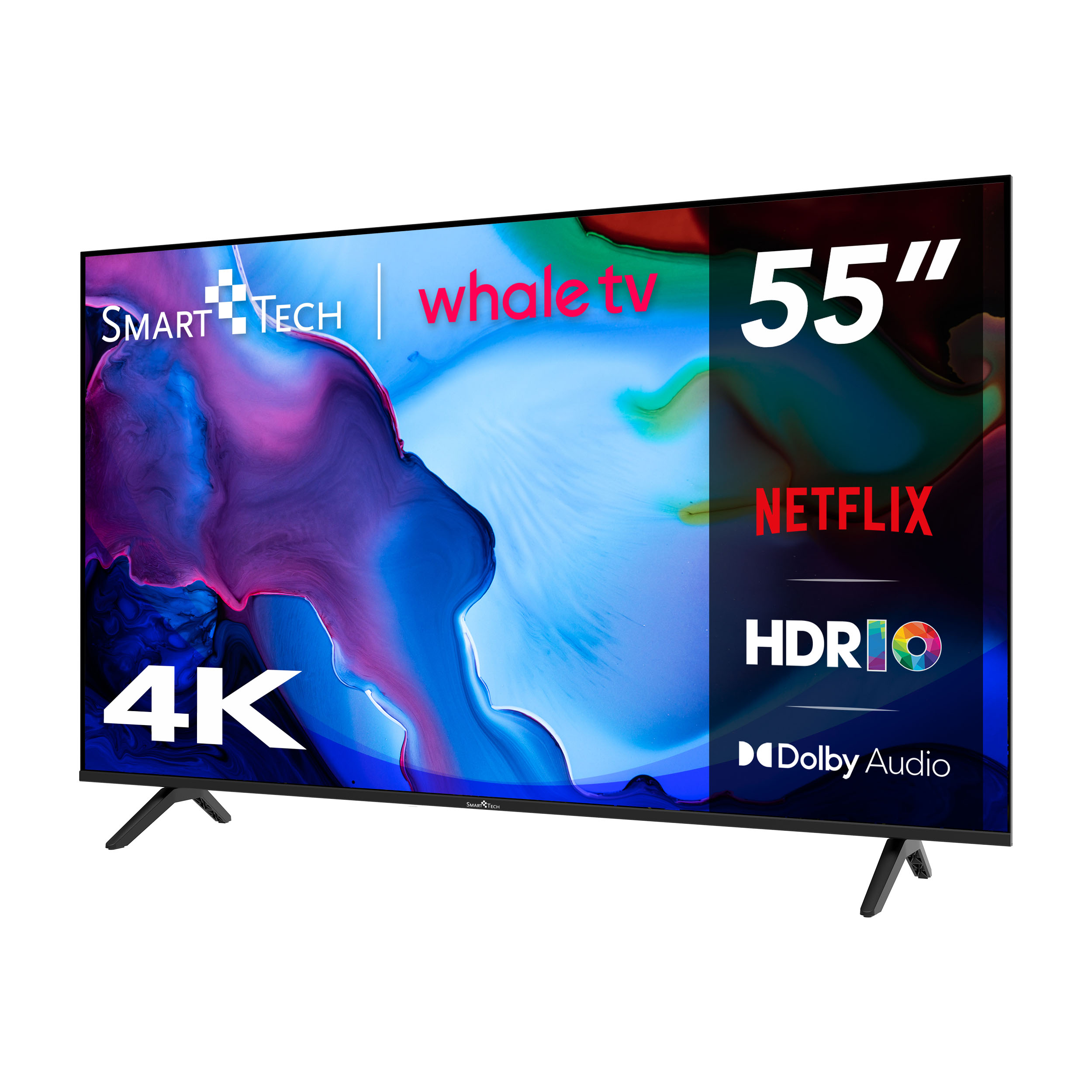Ein 55" Smart Tech Fernseher mit Netflix, HDR10 und Dolby Audio. Er hat ein 4K-Display, und die Marke ist Whale TV.