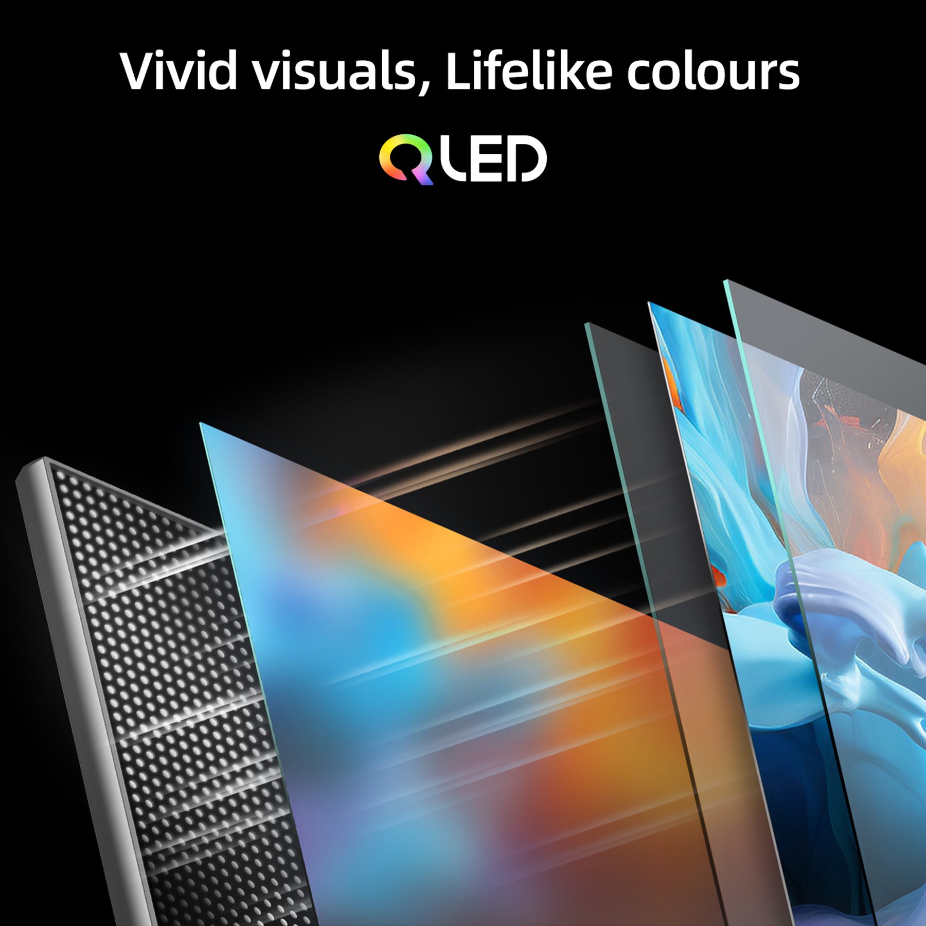Obraz przedstawia warstwowe panele z żywymi kolorami i logo QLED. Tekst głosi: „Żywe wizualizacje, realistyczne kolory”.