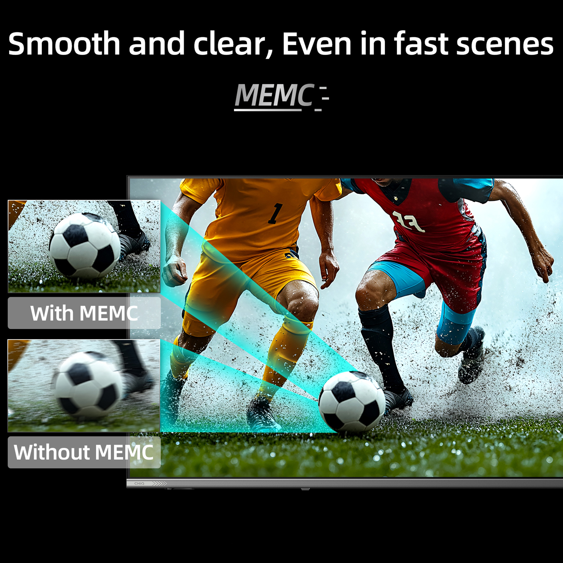 Piłkarze w akcji z piłką. Obraz wyróżnia płynny ruch z i bez technologii MEMC.