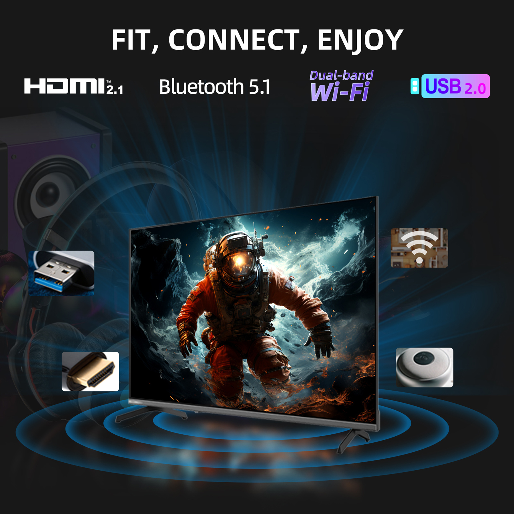 Ekran telewizora przedstawia astronautę w płonącej scenerii kosmicznej. Ikony HDMI, Bluetooth, Wi-Fi i USB otaczają ekran.