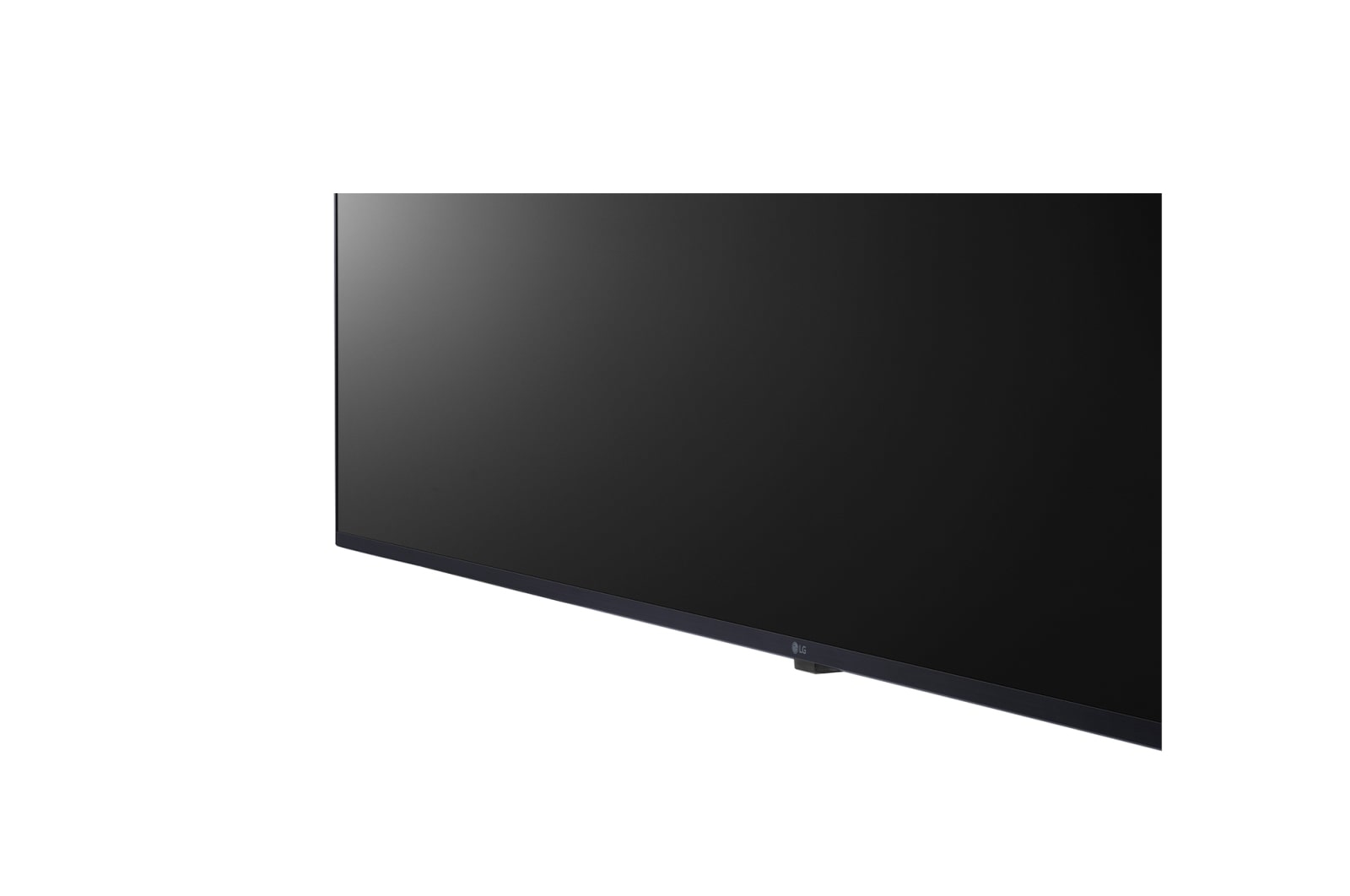Un televisore grande con schermo scuro e cornice sottile e scura. Il logo LG è in basso a destra. Lo sfondo è bianco.