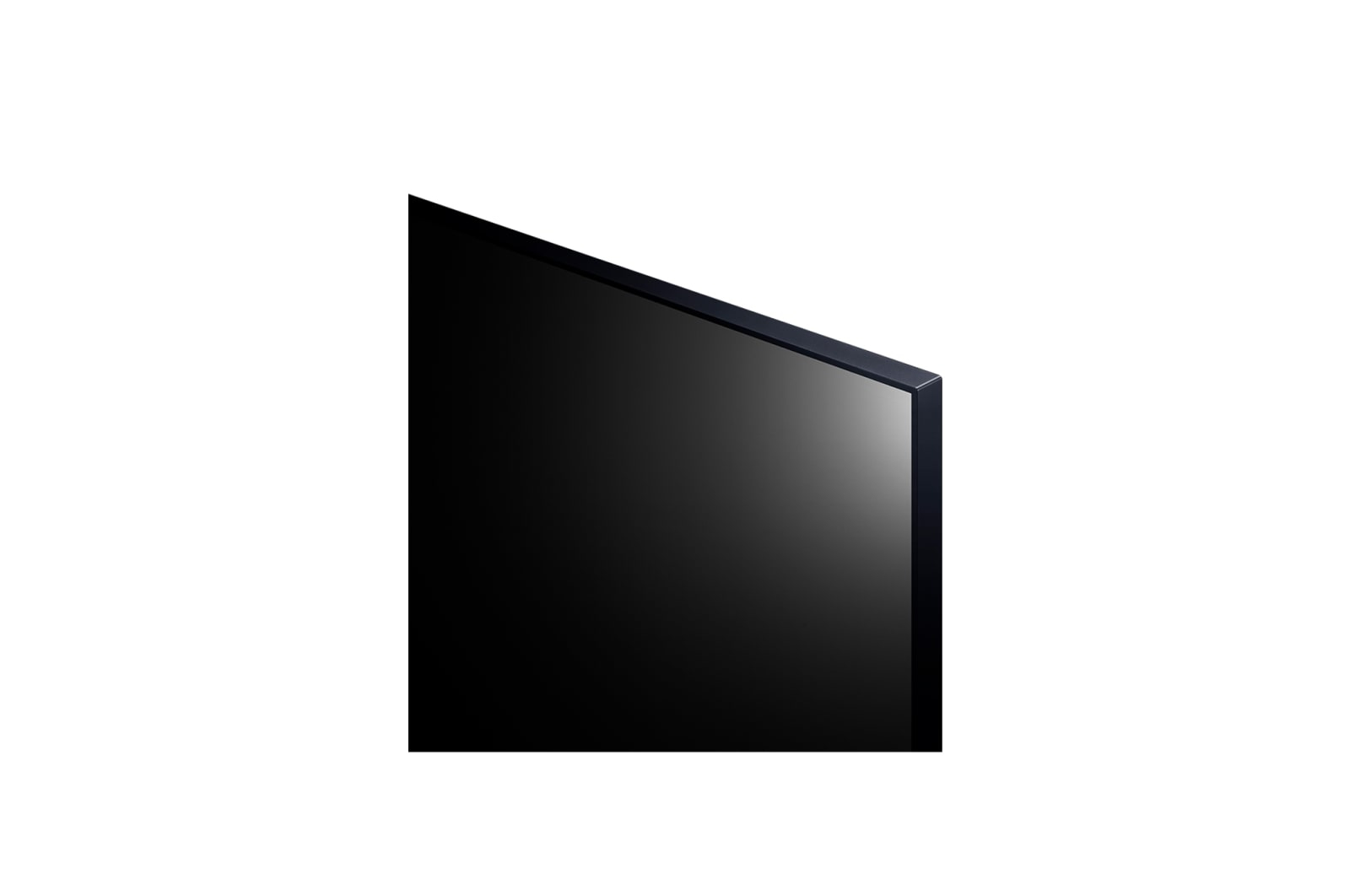 Un schermo TV nero e rettangolare con una cornice scura è angolato verso lo spettatore. Lo sfondo è bianco.