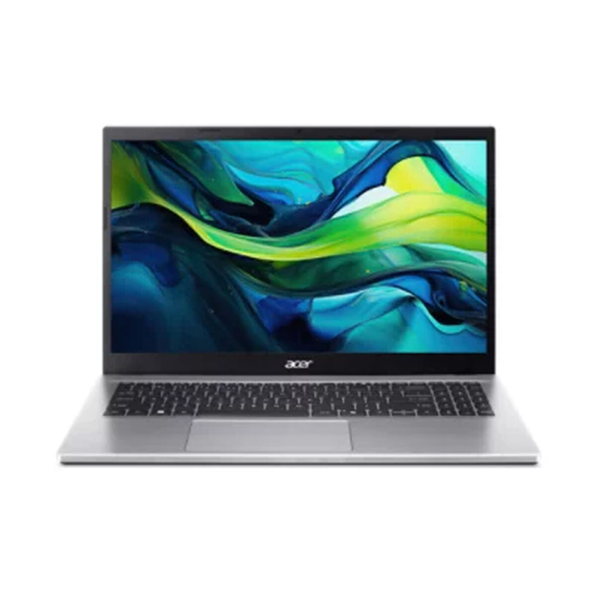 Portátil Acer plateado, pantalla con colores abstractos verde y amarillo. Teclado y panel táctil visibles. Fondo blanco.