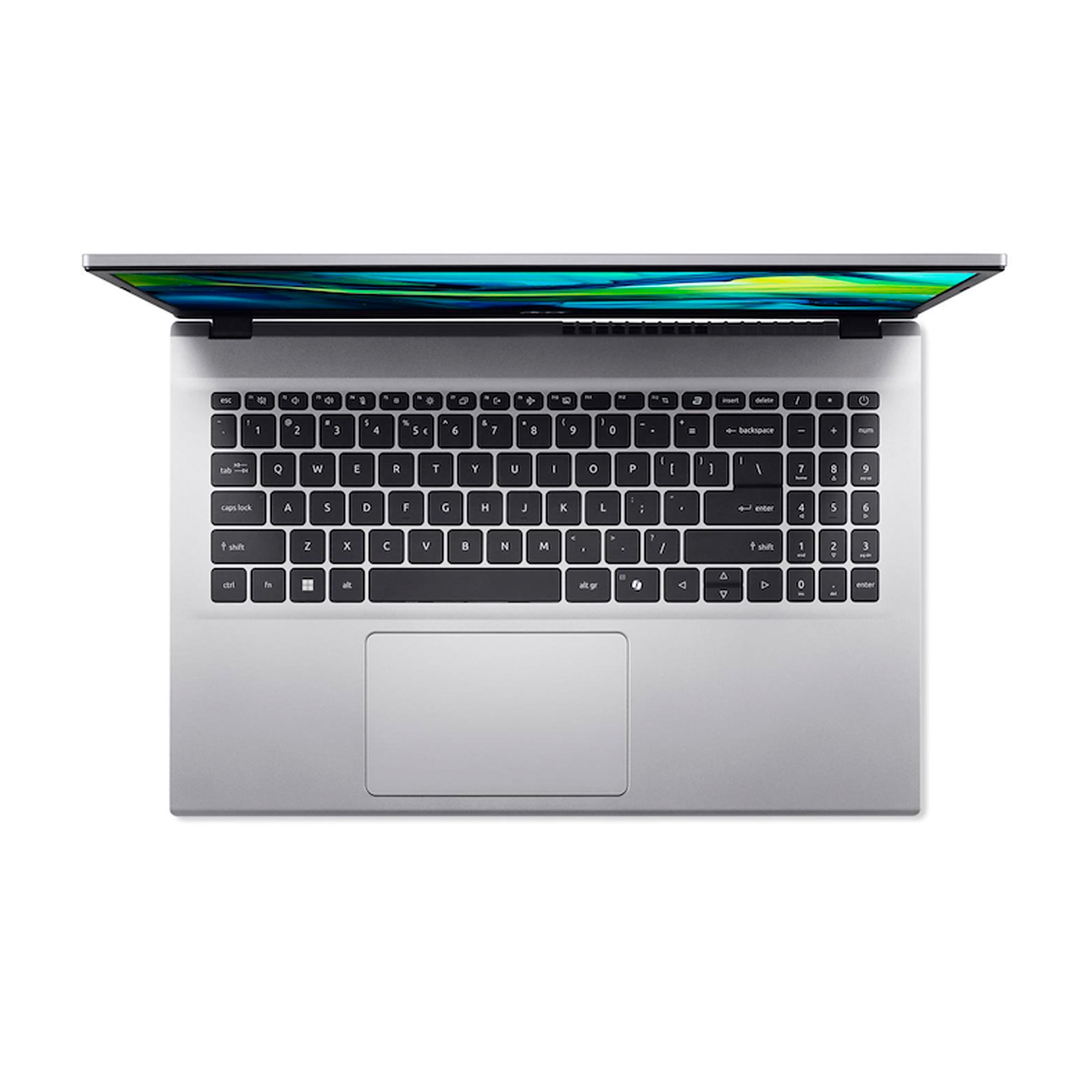 Vista superior de un portátil plateado con la pantalla abierta, teclado y panel táctil.