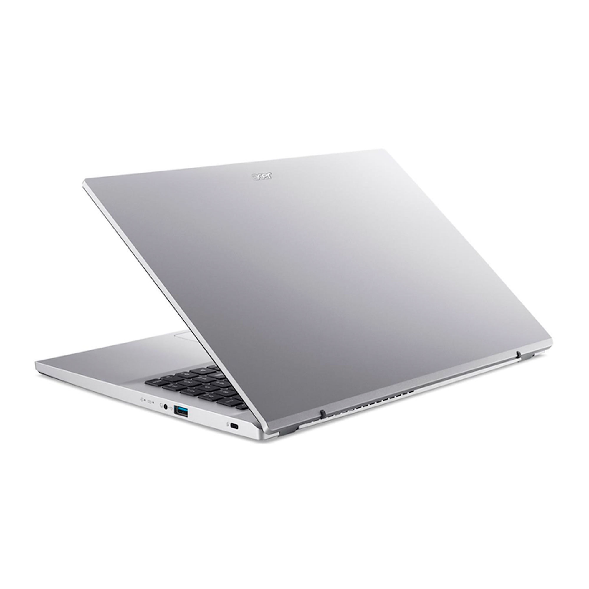 Portátil Acer plateado, ligeramente abierto. Teclado visible, sobre fondo blanco. Logotipo de Acer en la tapa.