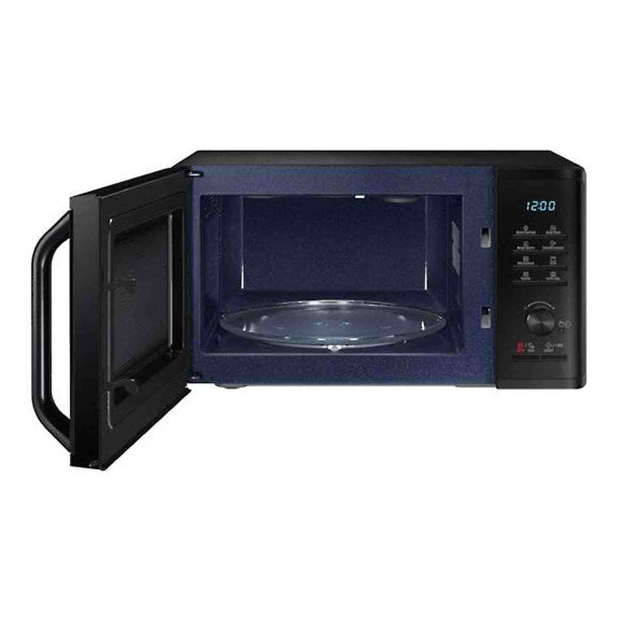 Un forno a microonde nero con la porta aperta, che rivela un piatto di vetro. L'ora 12:00 è visualizzata a destra.