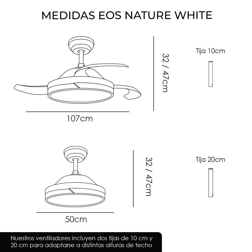 Diagrama de dos ventiladores de techo con dimensiones. Texto indica tamaños y dos longitudes de varilla diferentes.