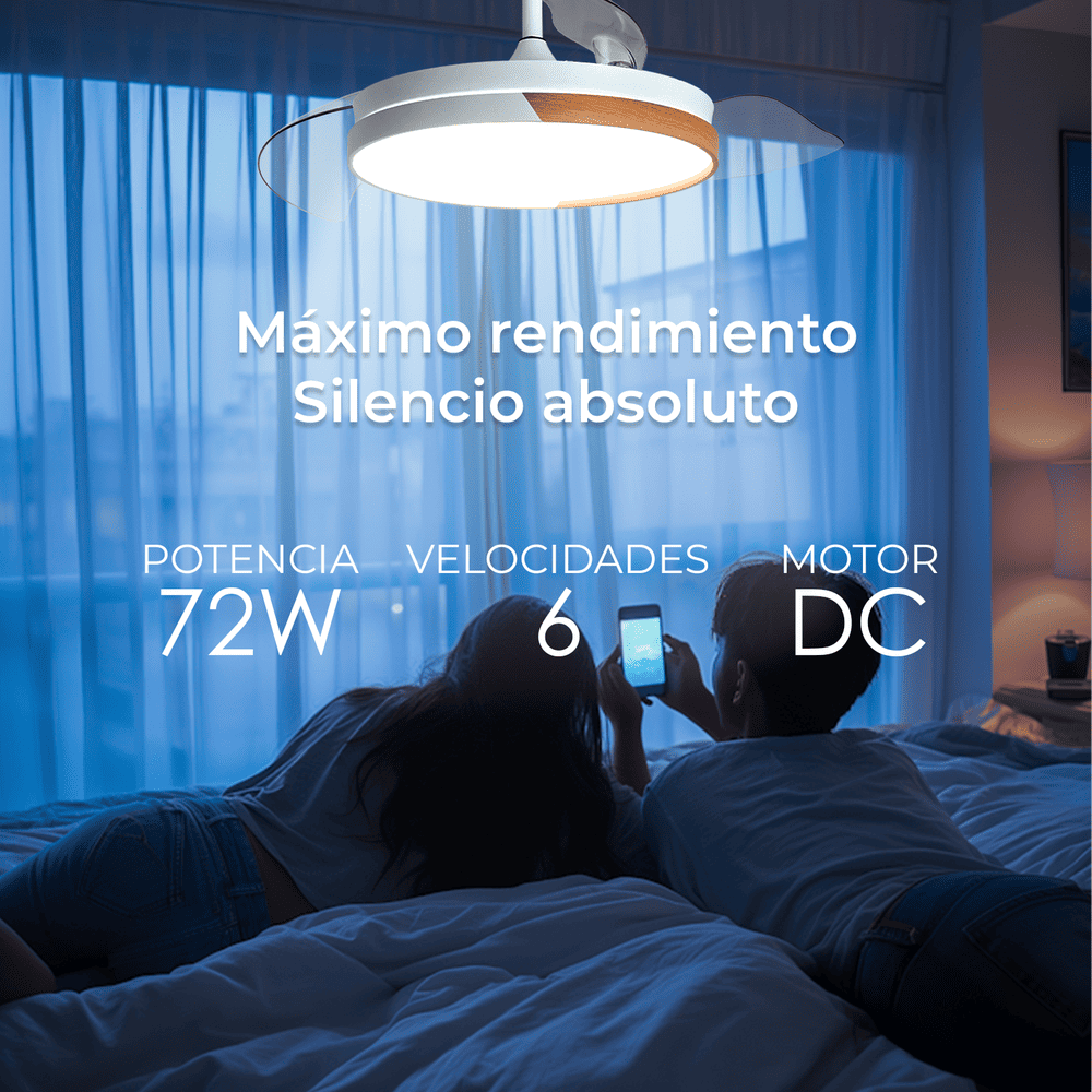 Una pareja acostada en una cama usando un teléfono. Un ventilador de techo está encima de ellos. Texto: Máximo rendimiento, silencio absoluto. Potencia: 72W, 6 velocidades, motor DC.