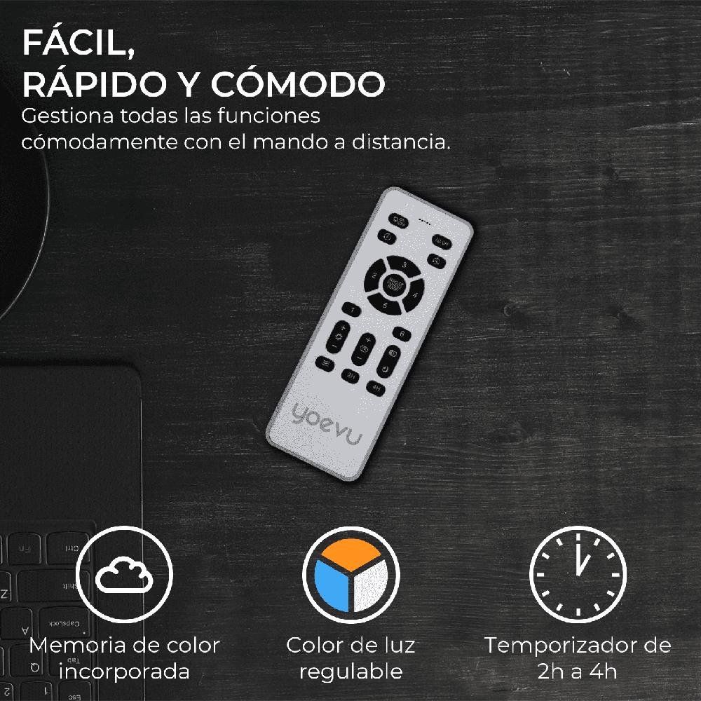 Un mando a distancia con botones y la marca 'yoevu' está sobre una superficie de madera oscura. Características: memoria de color y temporizador.