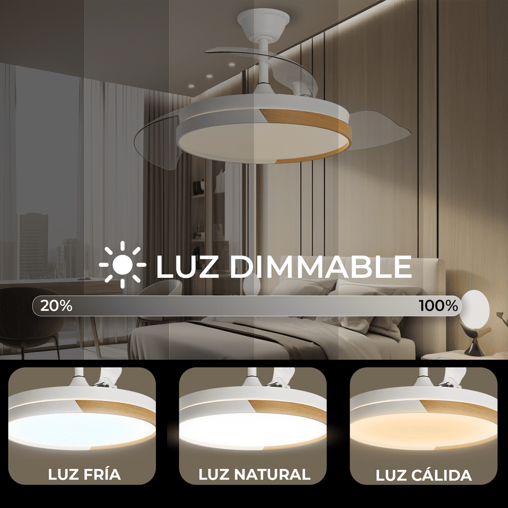 Un ventilador de techo blanco con luz, que muestra niveles de luz regulables. Tres opciones de color de luz: fría, natural y cálida.