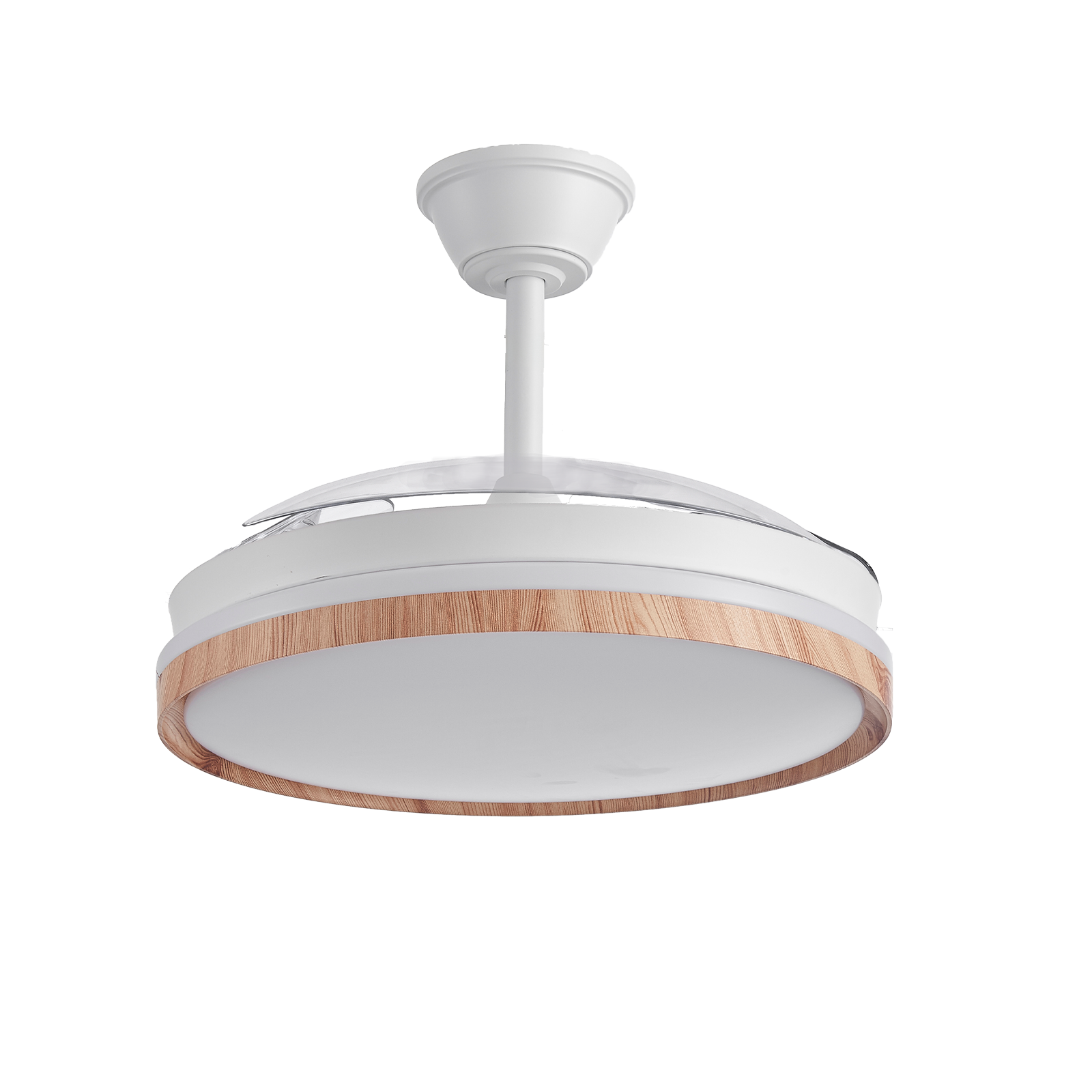 Un ventilador de techo blanco y con vetas de madera con una luz aislado sobre un fondo blanco. El ventilador está apagado.