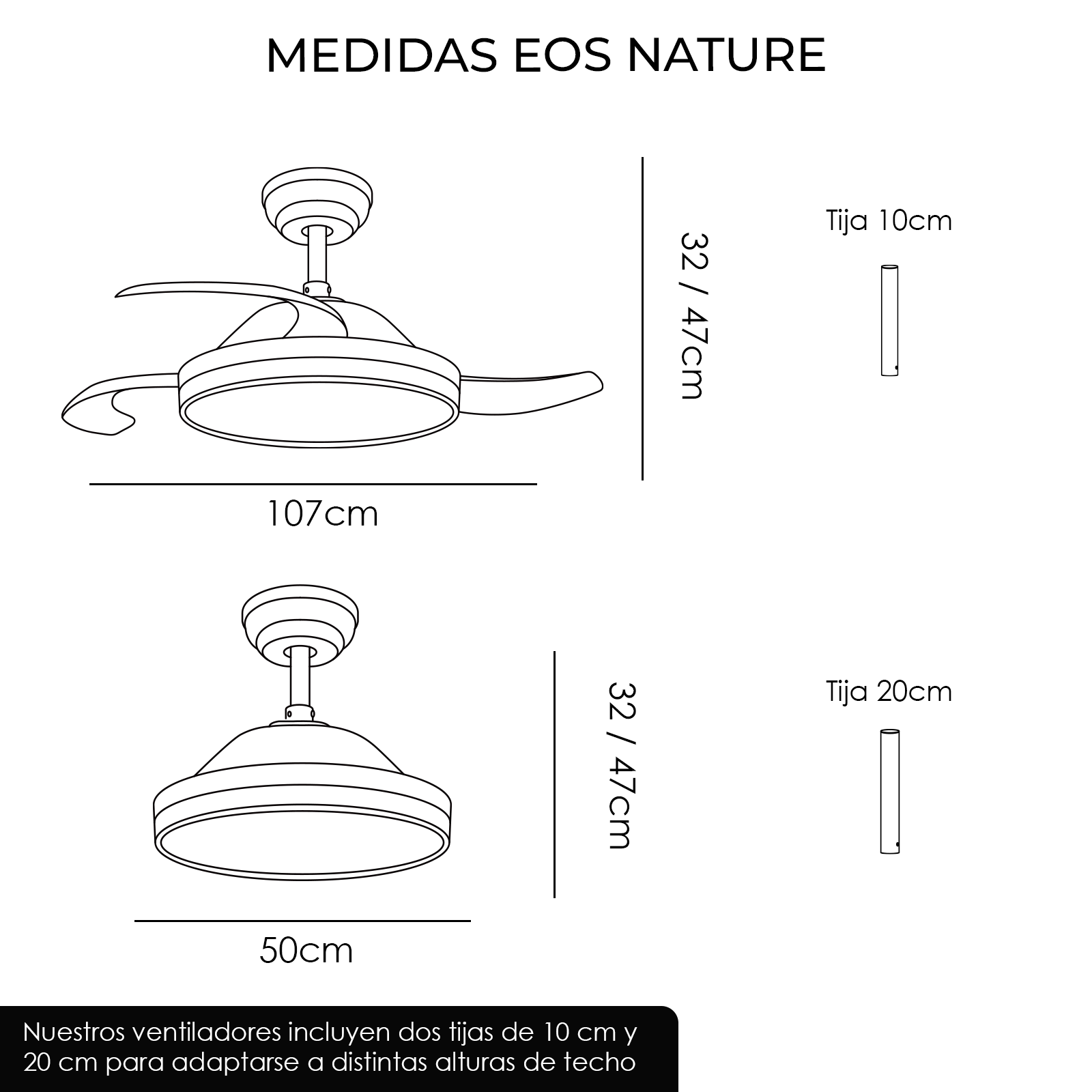 Diagrama que muestra dos ventiladores de techo, dimensiones y dos varillas (10 cm y 20 cm) para diferentes alturas de techo. Blanco y negro.