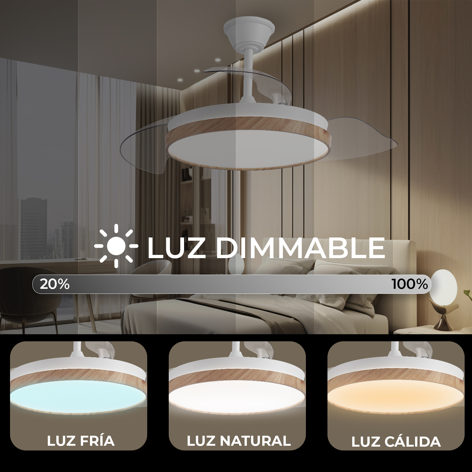 La imagen muestra un ventilador de techo con opciones de luz regulable, mostrando ajustes de luz fría, natural y cálida en un dormitorio.