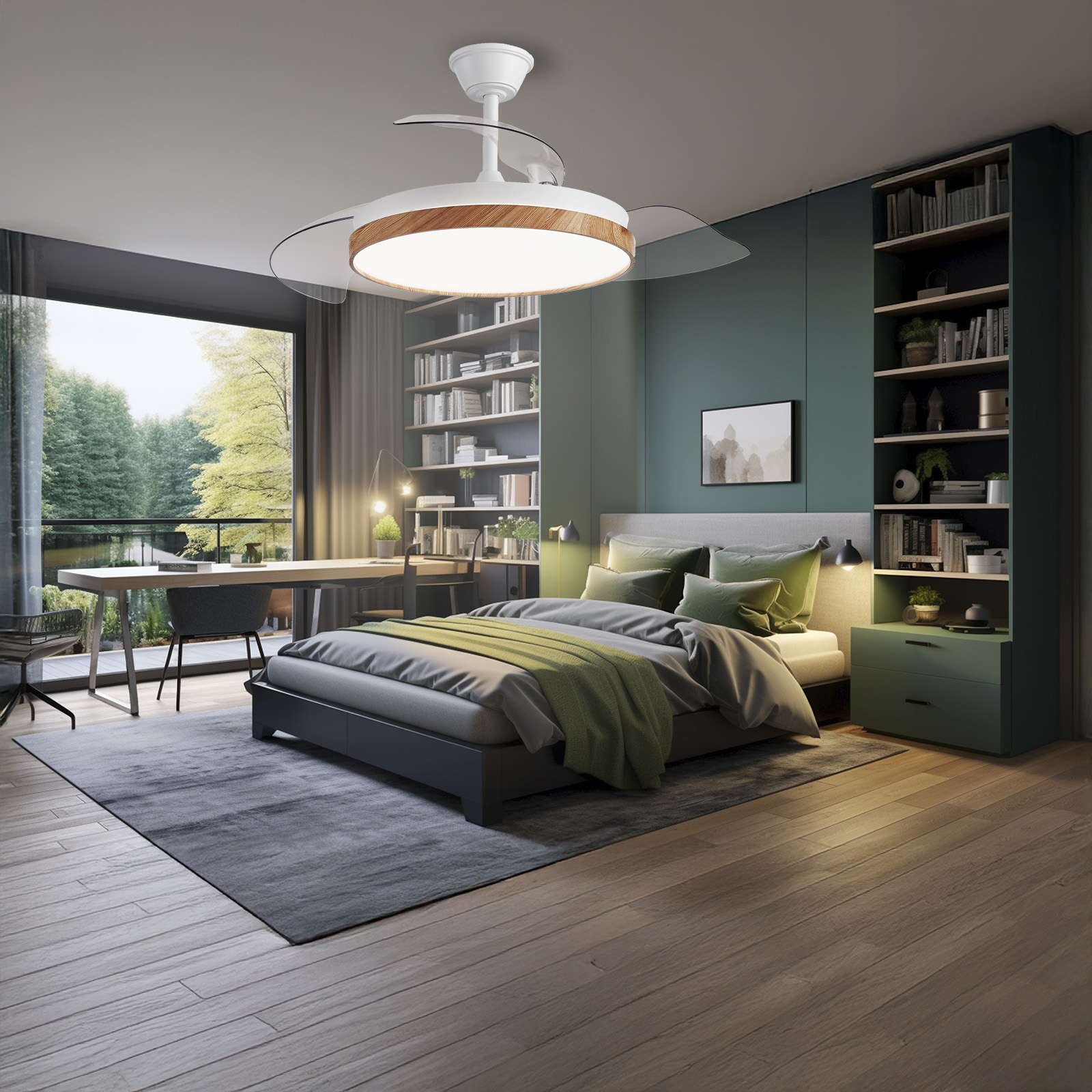 Dormitorio con cama, escritorio y estantería. Acentos verdes, suelo de madera. Ventana grande con vista a árboles y agua.